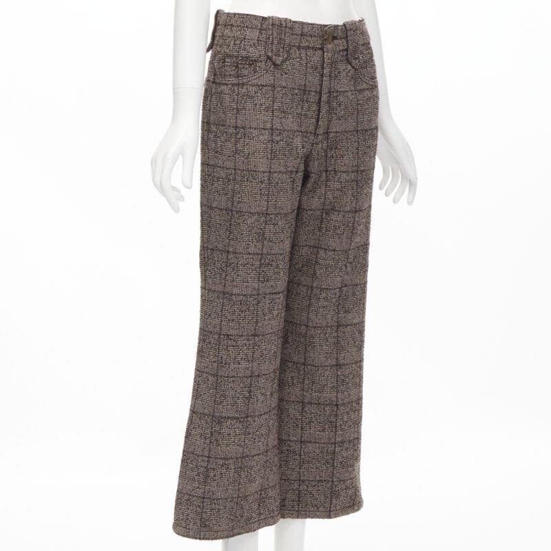 Gray MARC JACOBS brown check tweed boucle wide leg cropped pants US2 XS For Sale