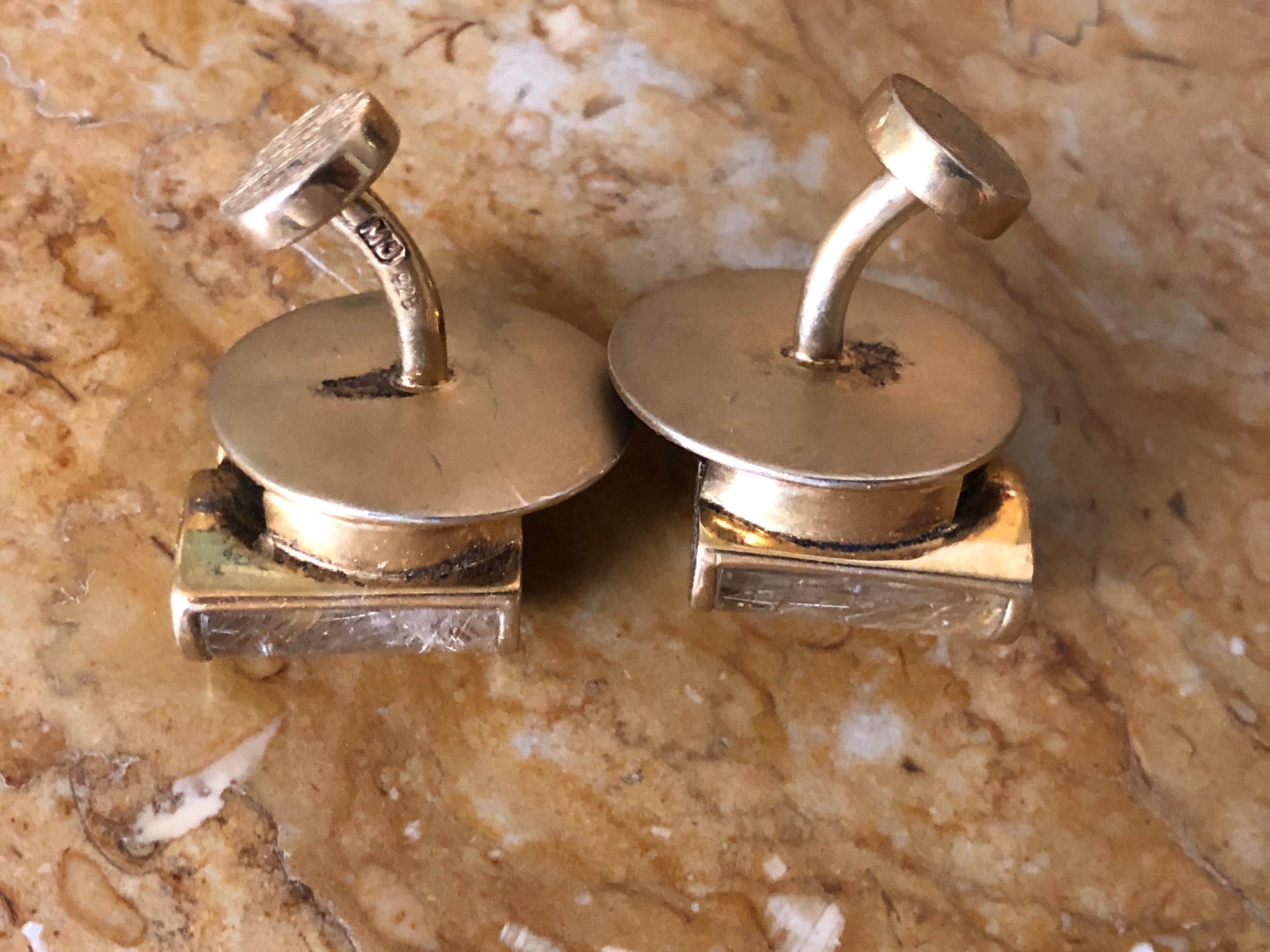 Marc Jacobs Brutalist Vintage Vermeil Rutilated Quartz Cufflinks In Excellent Condition For Sale In Cloverdale, CA