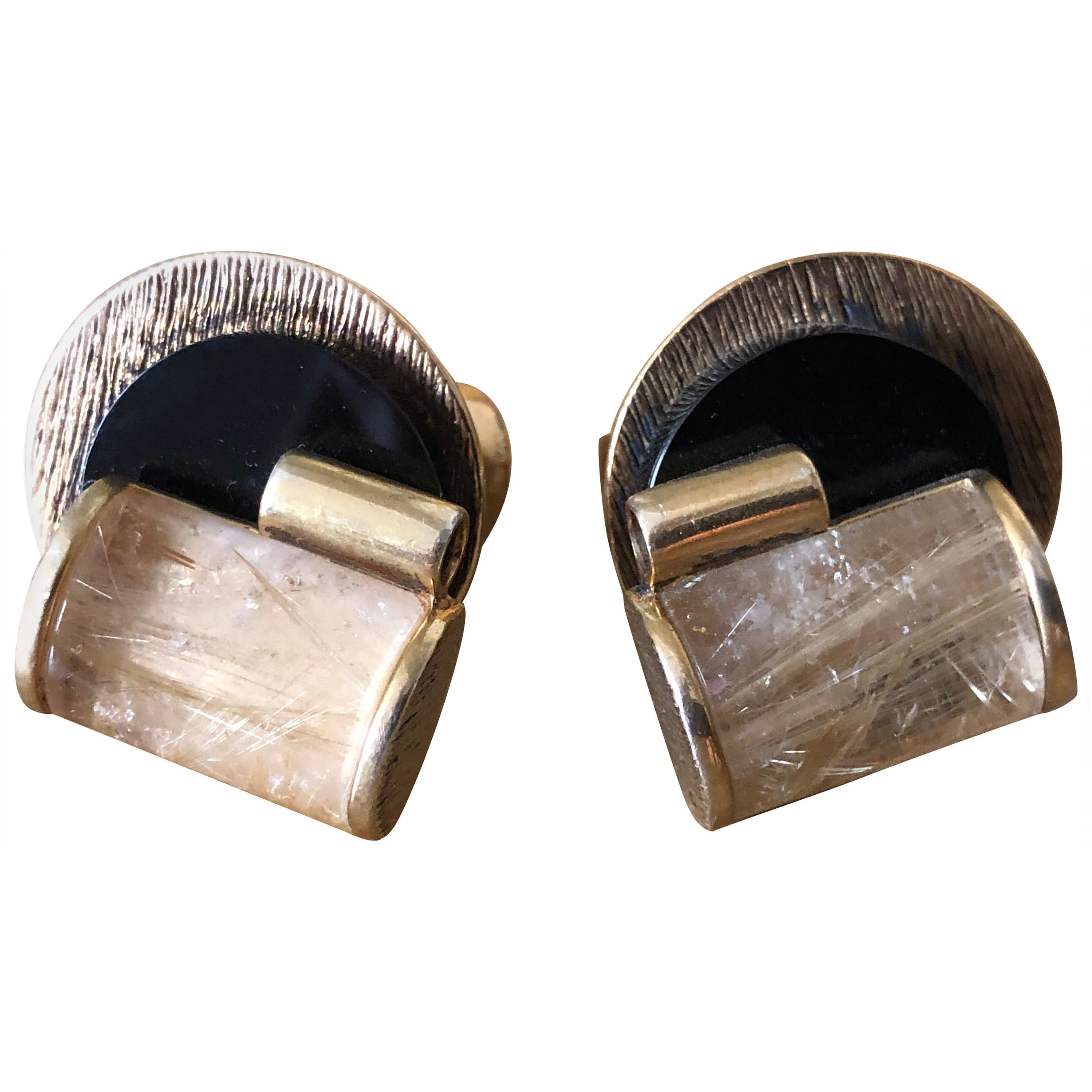 Marc Jacobs Brutalist Vintage Vermeil Rutilated Quartz Cufflinks For Sale