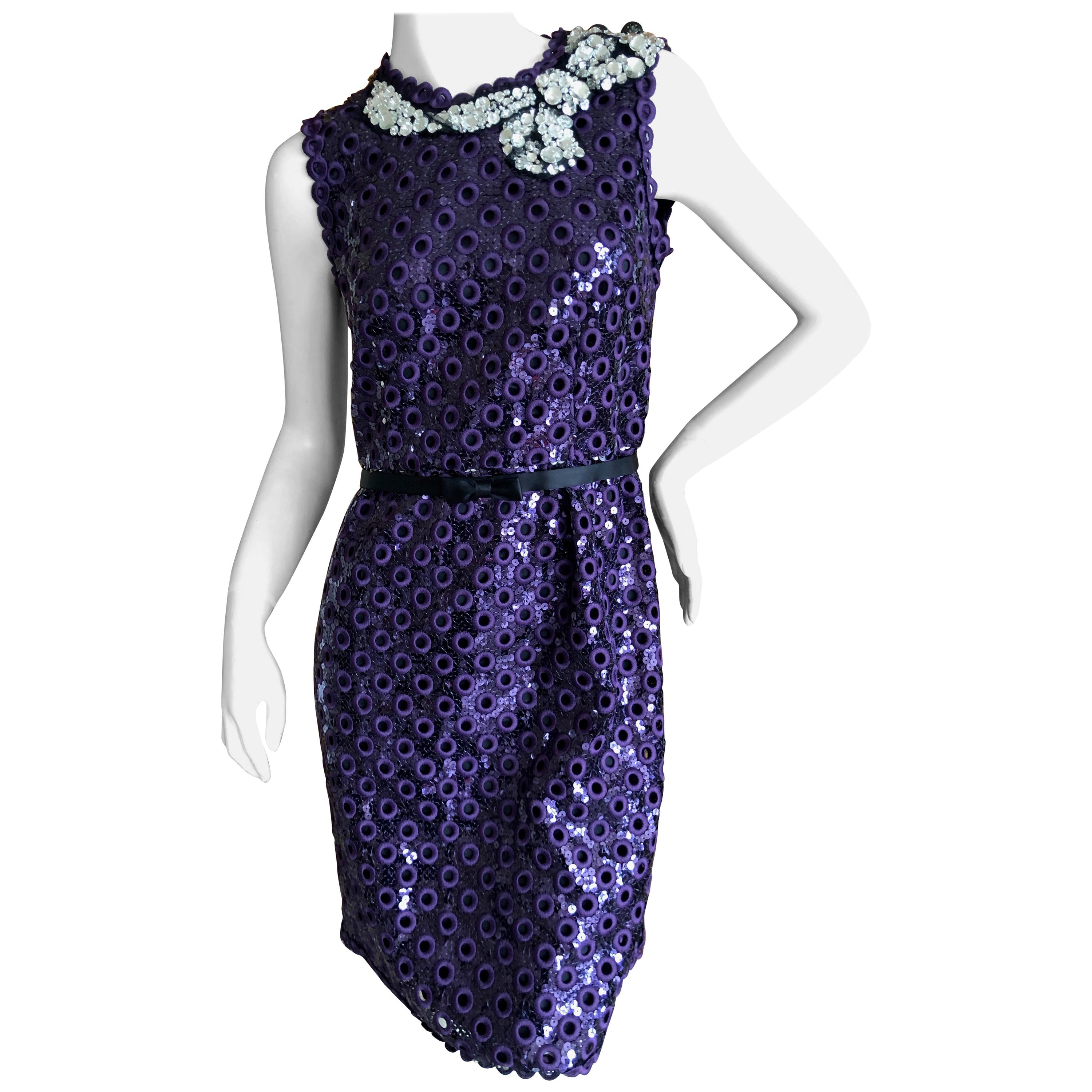 Marc Jacobs Collection Purple Sequin Eyelet Dress w Jewel Tromp l'oeil Necklace