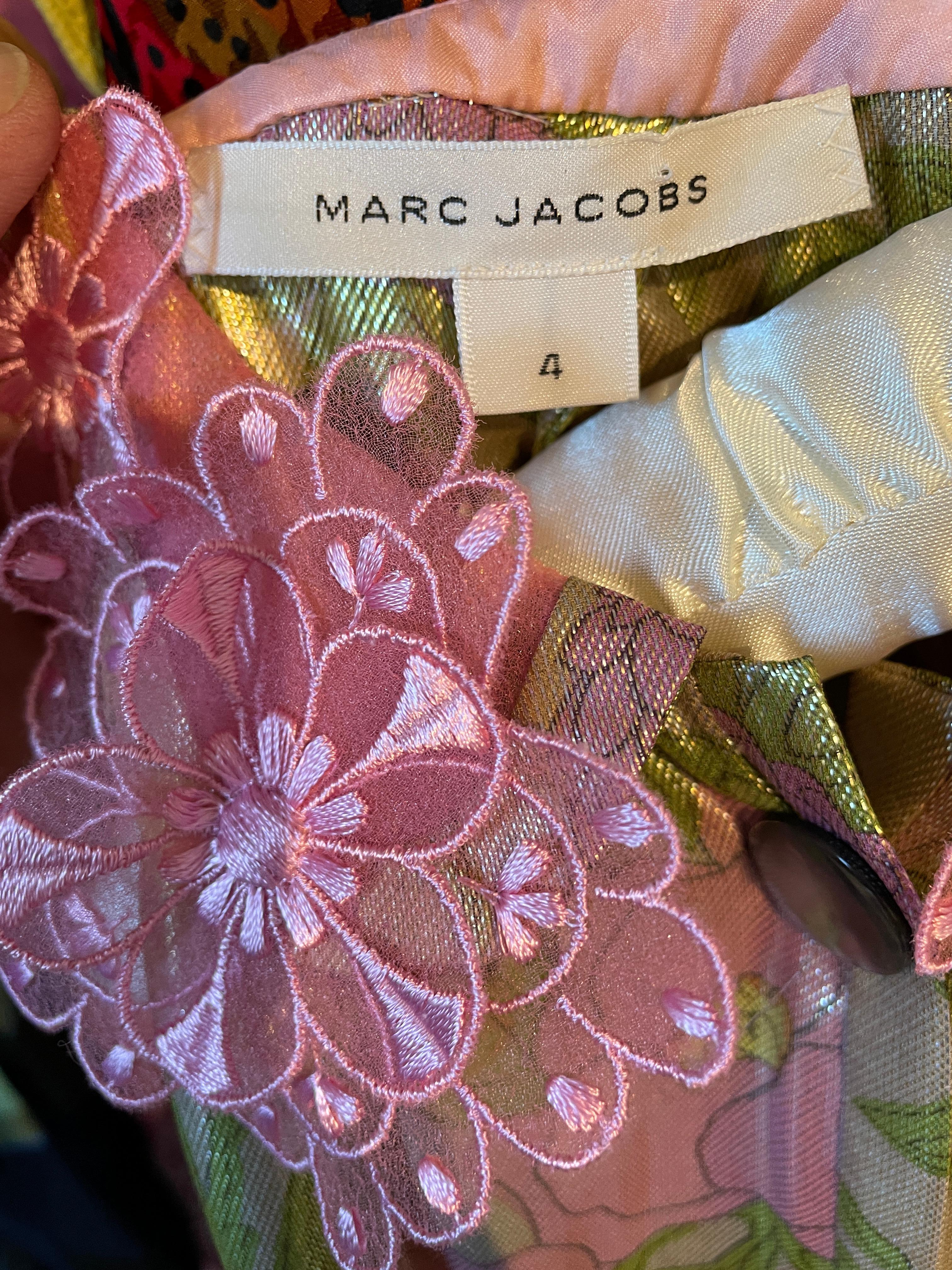 Marc Jacobs Collection Shiny Silk Floral Belted Sleeveless Dress For Sale 3
