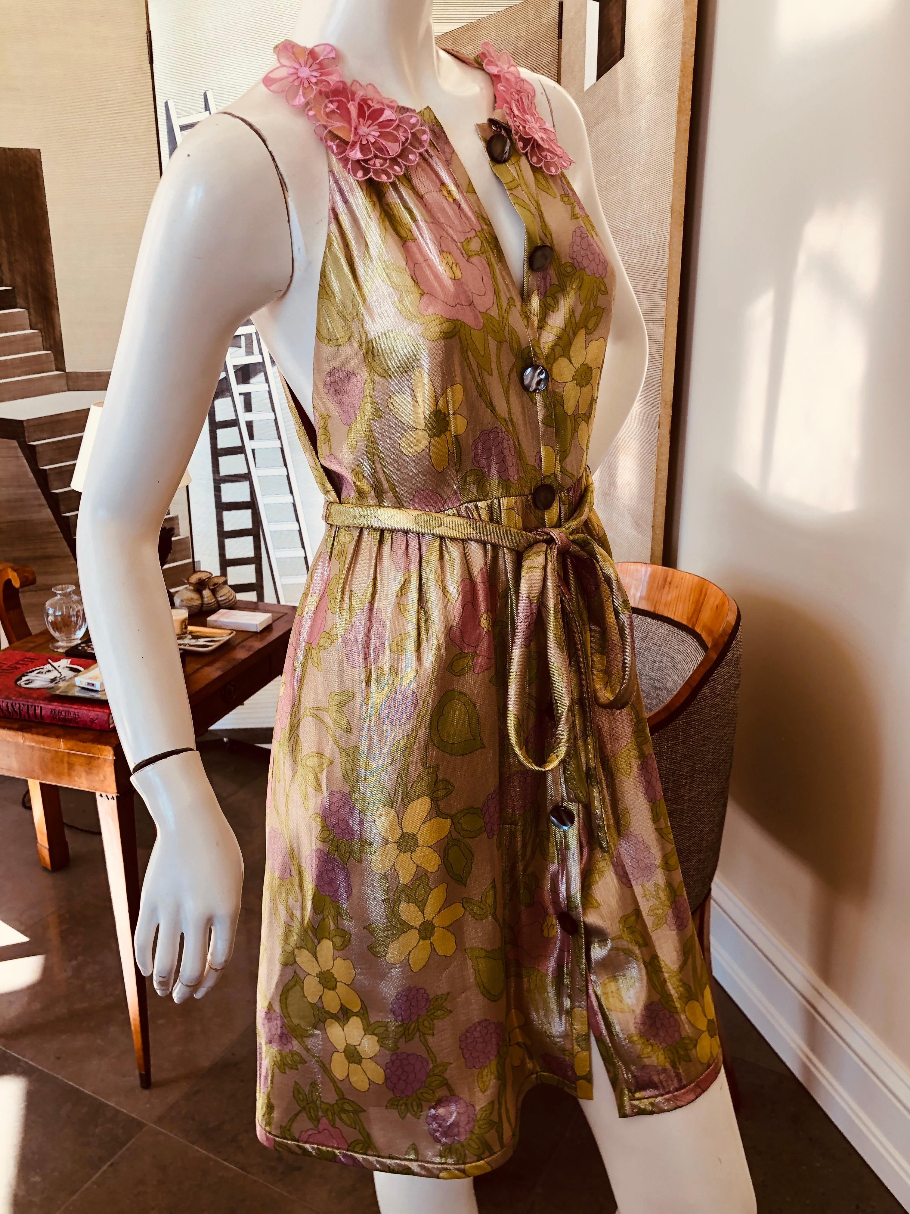 Brown Marc Jacobs Collection Shiny Silk Floral Belted Sleeveless Dress For Sale