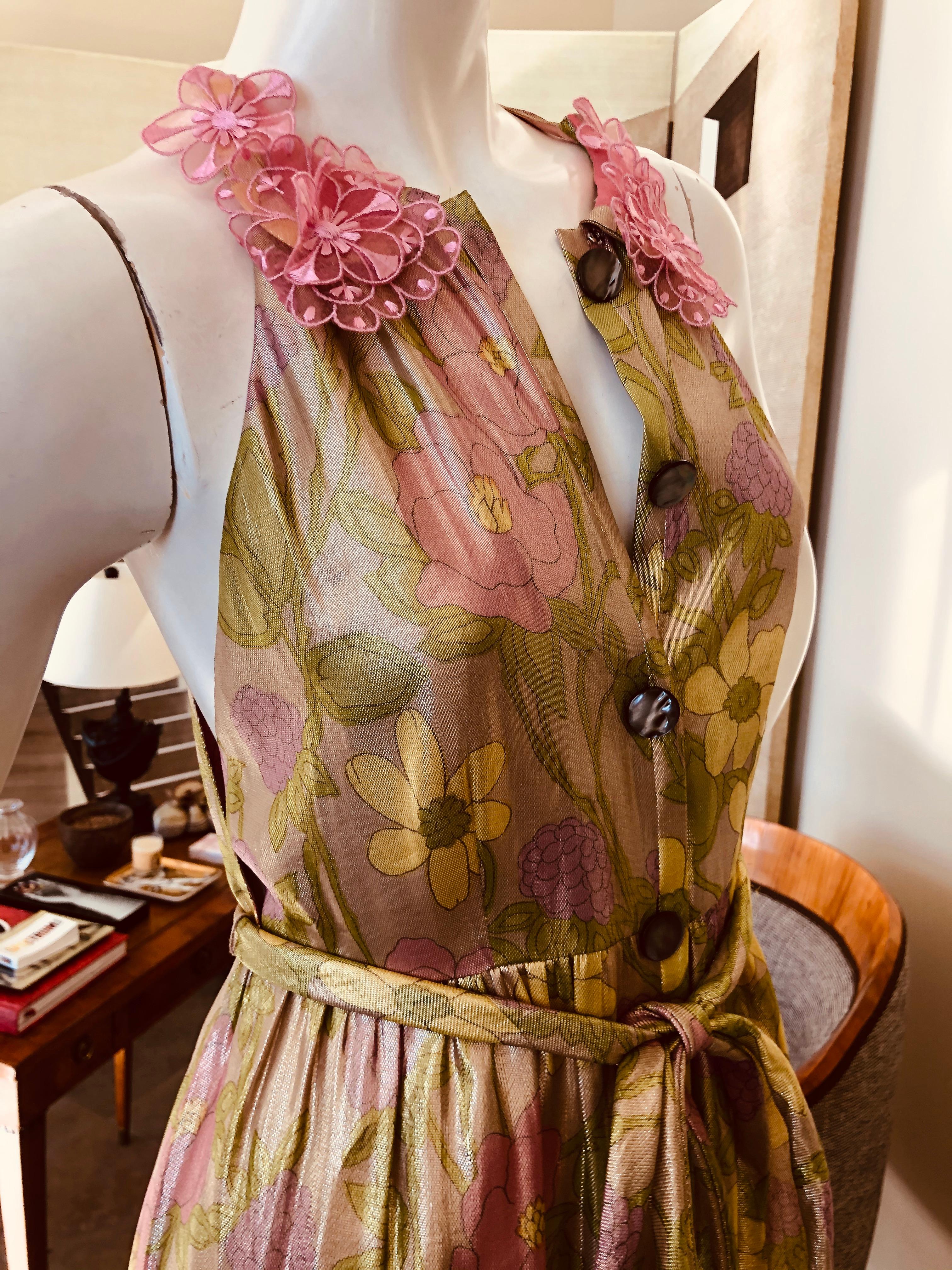 Marc Jacobs Collection Shiny Silk Floral Belted Sleeveless Dress In New Condition For Sale In Cloverdale, CA