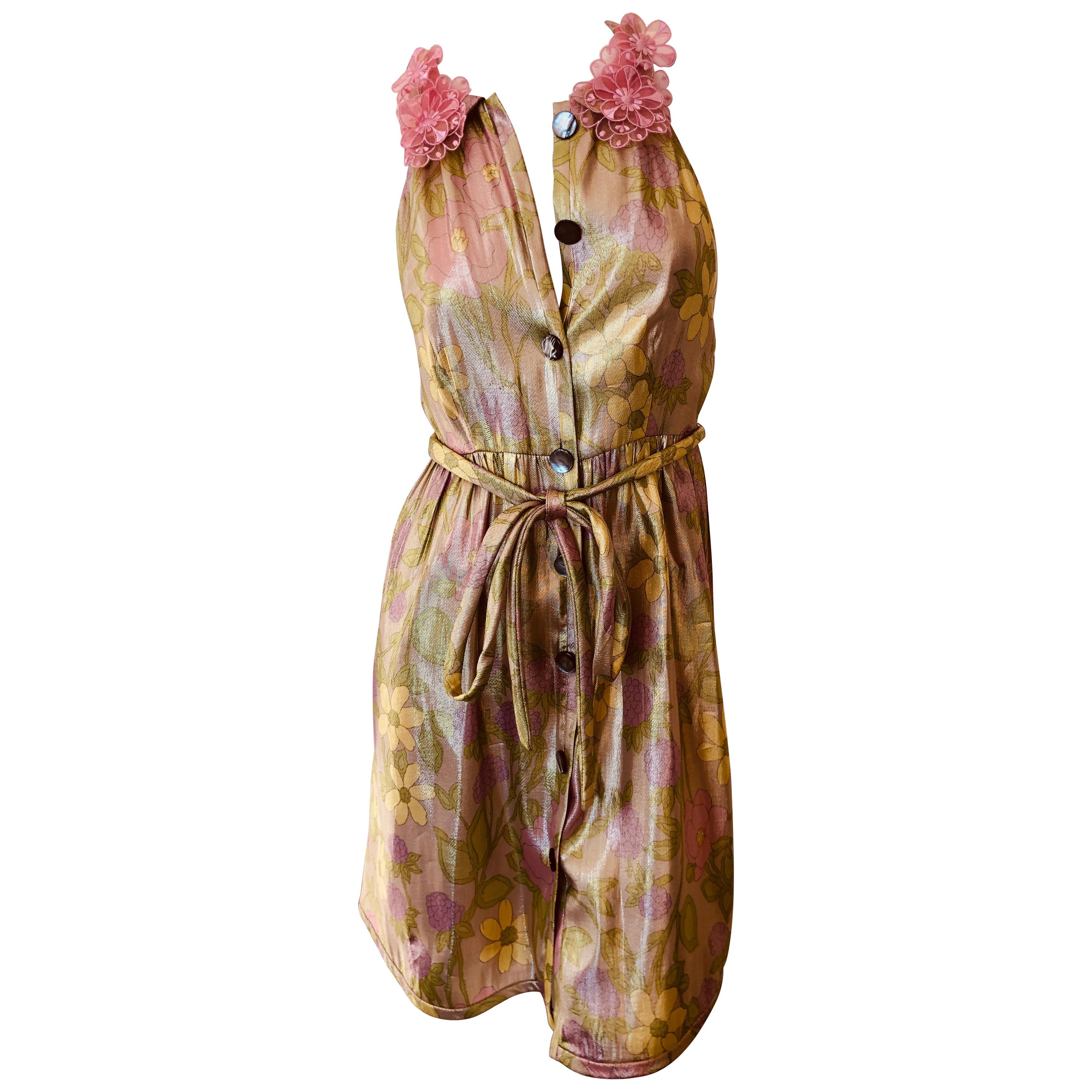 Marc Jacobs Collection Shiny Silk Floral Belted Sleeveless Dress For Sale