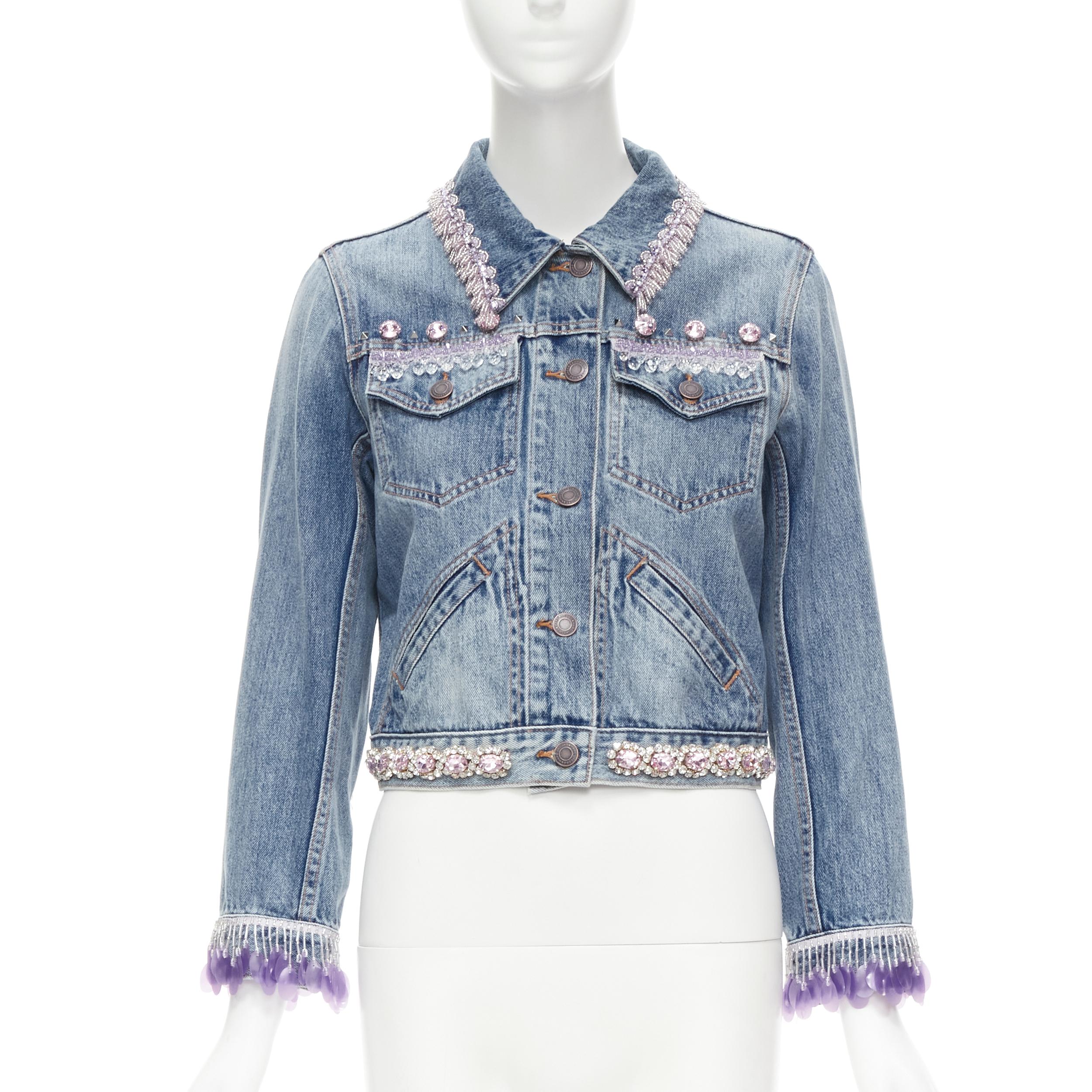 MARC JACOBS crystal rhinestone bead embellished washed denim jacket M 4