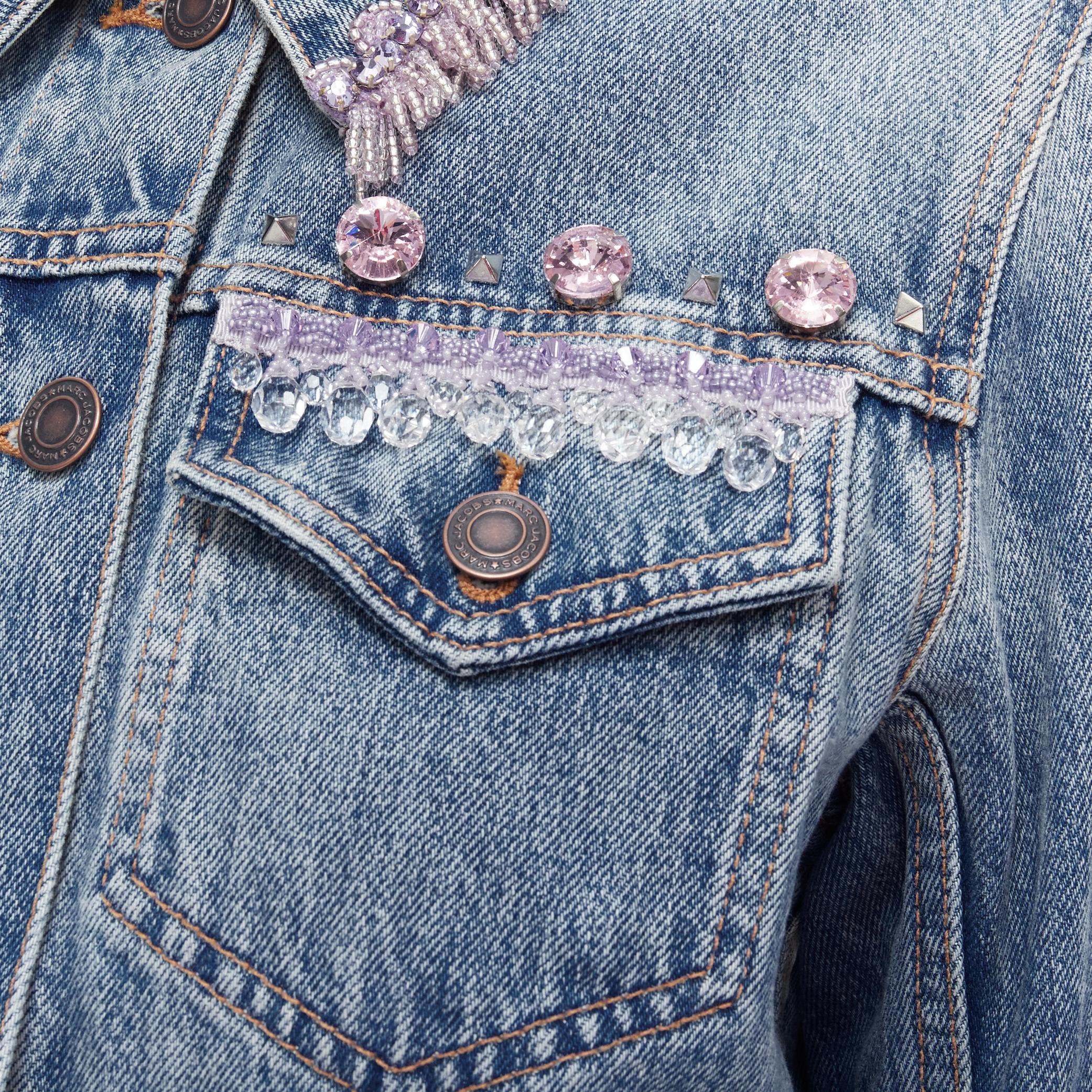 Women's MARC JACOBS crystal rhinestone bead embellished washed denim jacket M