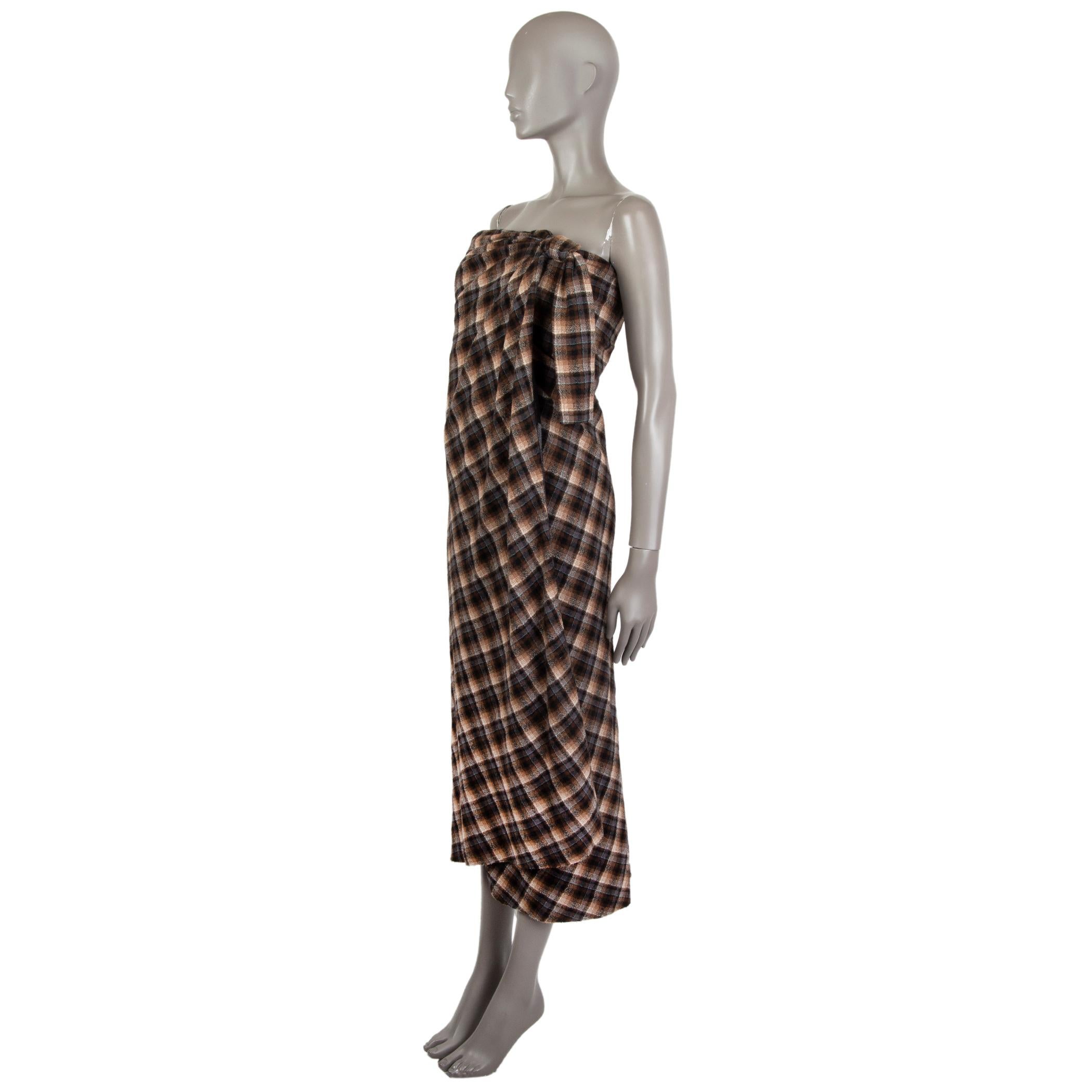 100% authentic Marc Jacobs strapless plaid dress in black, slate grey, brown, taupe, off-white wool (100% with a draped effect for a wrap-look, detailed beaded trim, bustier under for support closes with hook and bar. Closes with a snap button and