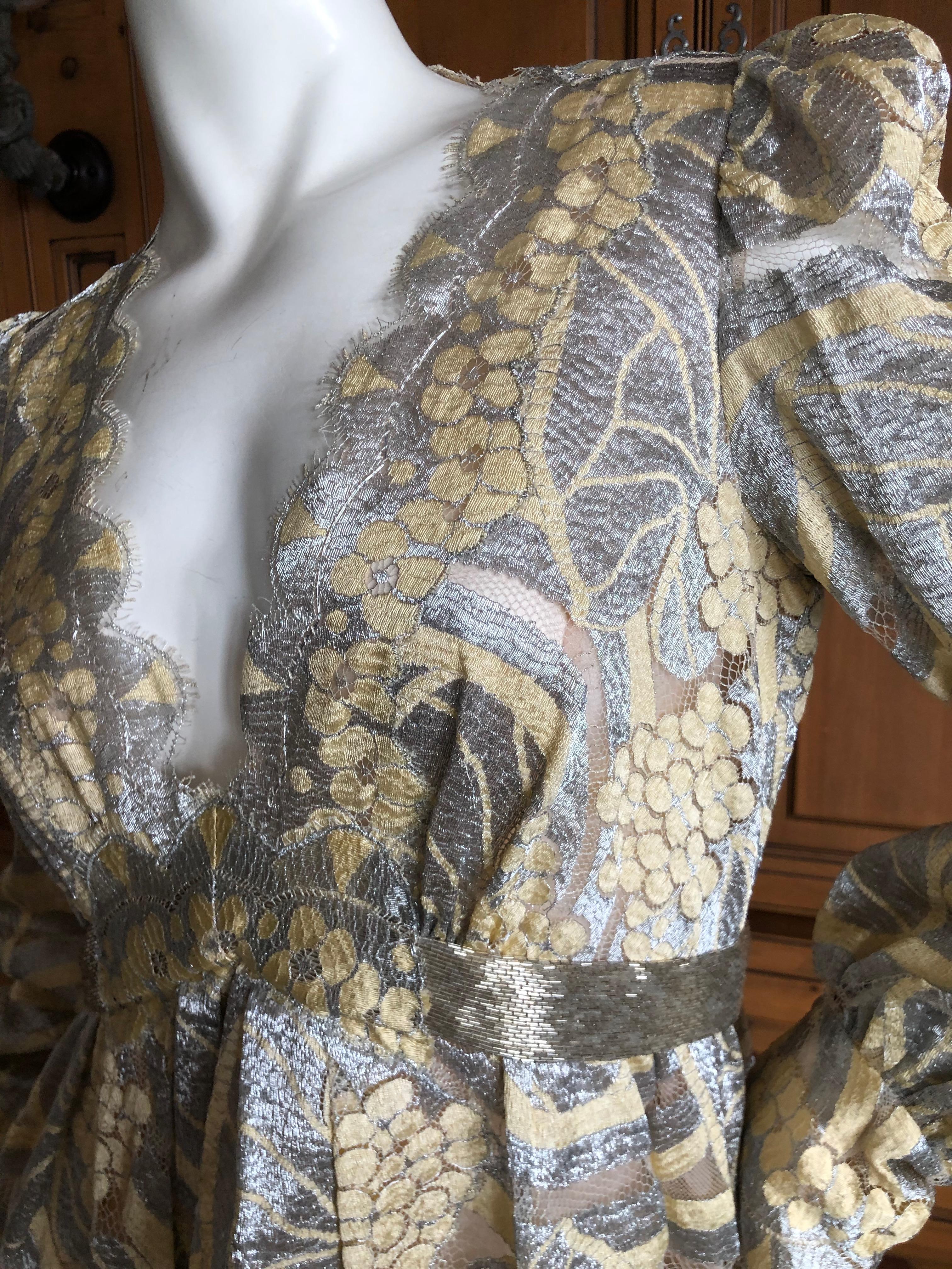 Marc Jacobs Elegant Vintage Gold & Silver Lace Scalloped Dress w Bugle Bead Belt For Sale 1