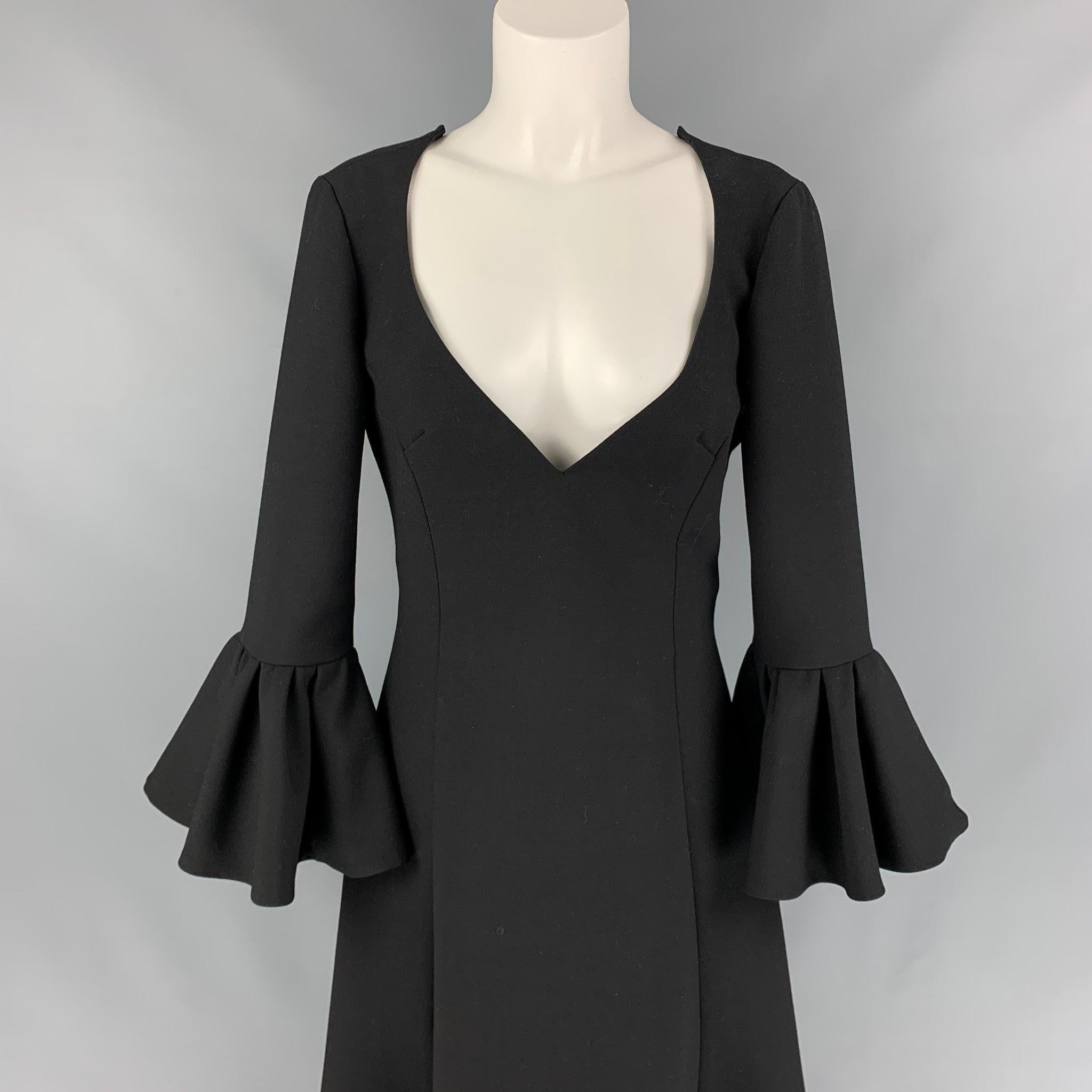 MARC JACOBS Fall 2019 Size 2 Black Wool Blend Deep V-Neck Ruffle Sleeve Dress In Good Condition For Sale In San Francisco, CA