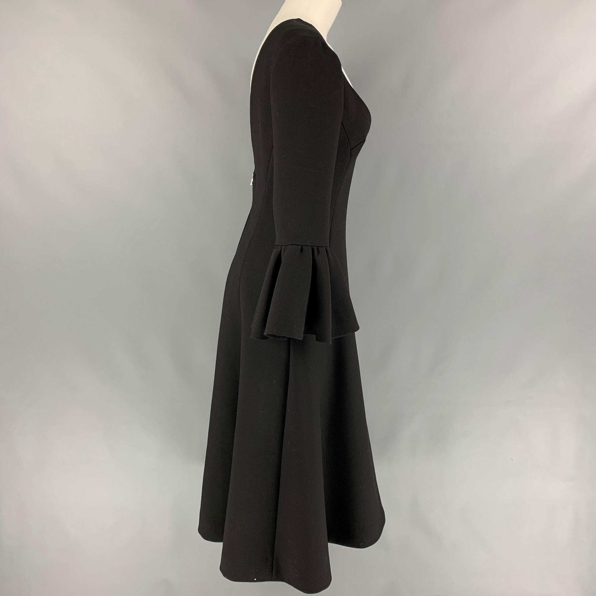 Women's MARC JACOBS Fall 2019 Size 2 Black Wool Blend Deep V-Neck Ruffle Sleeve Dress For Sale