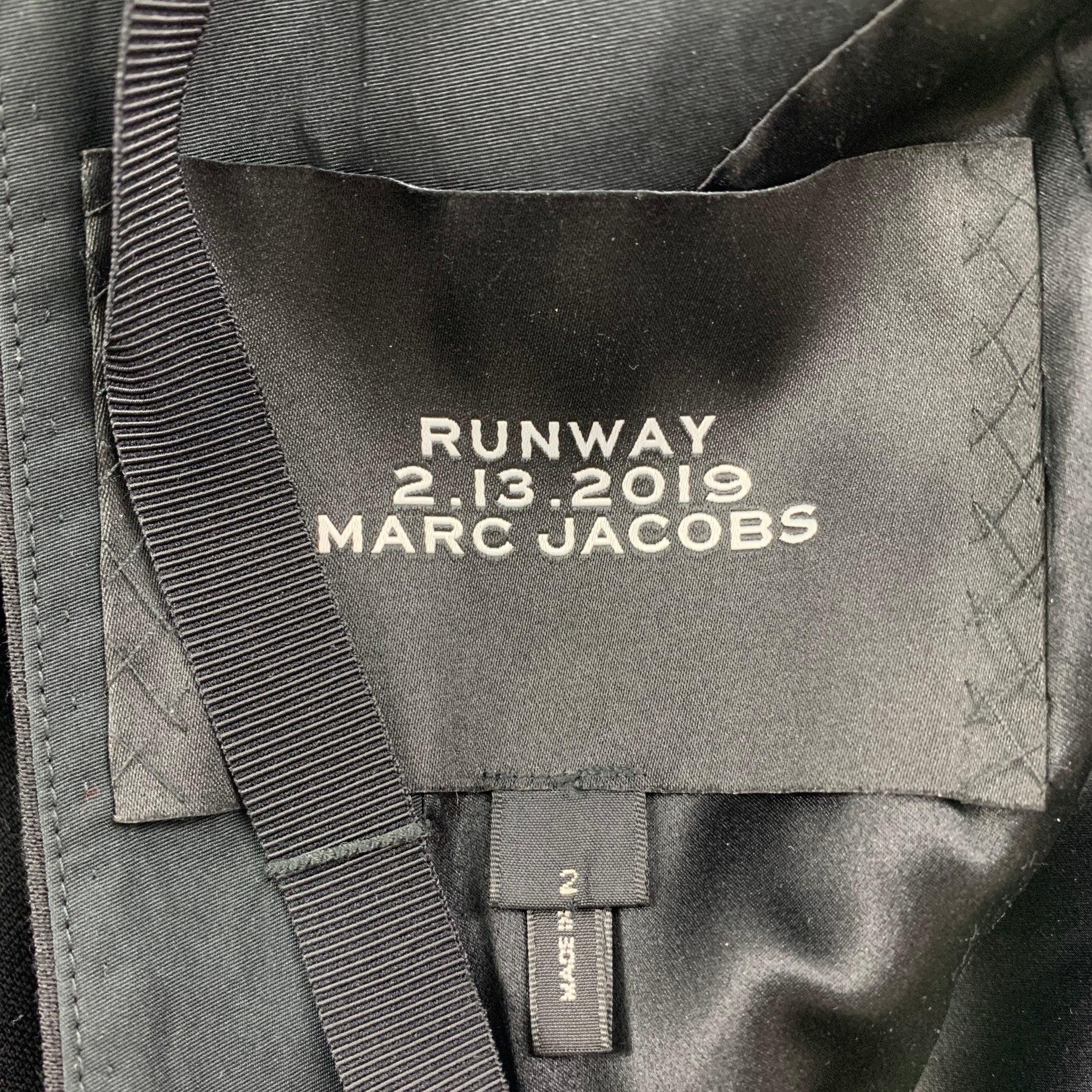 MARC JACOBS Fall 2019 Size 2 Black Wool Blend Deep V-Neck Ruffle Sleeve Dress For Sale 3