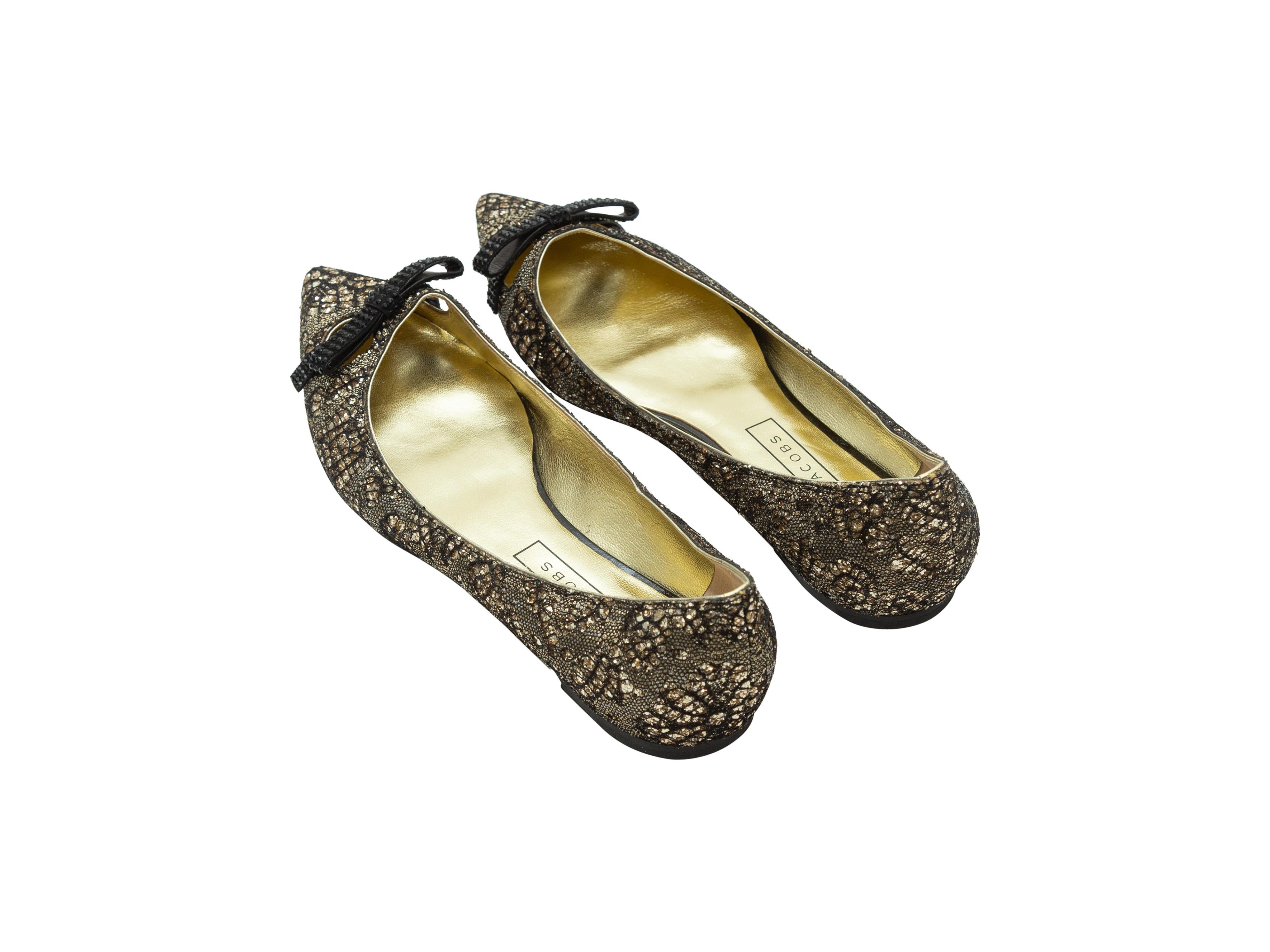 Marc Jacobs Gold & Black Lace Bow-Accented Flats In Excellent Condition In New York, NY
