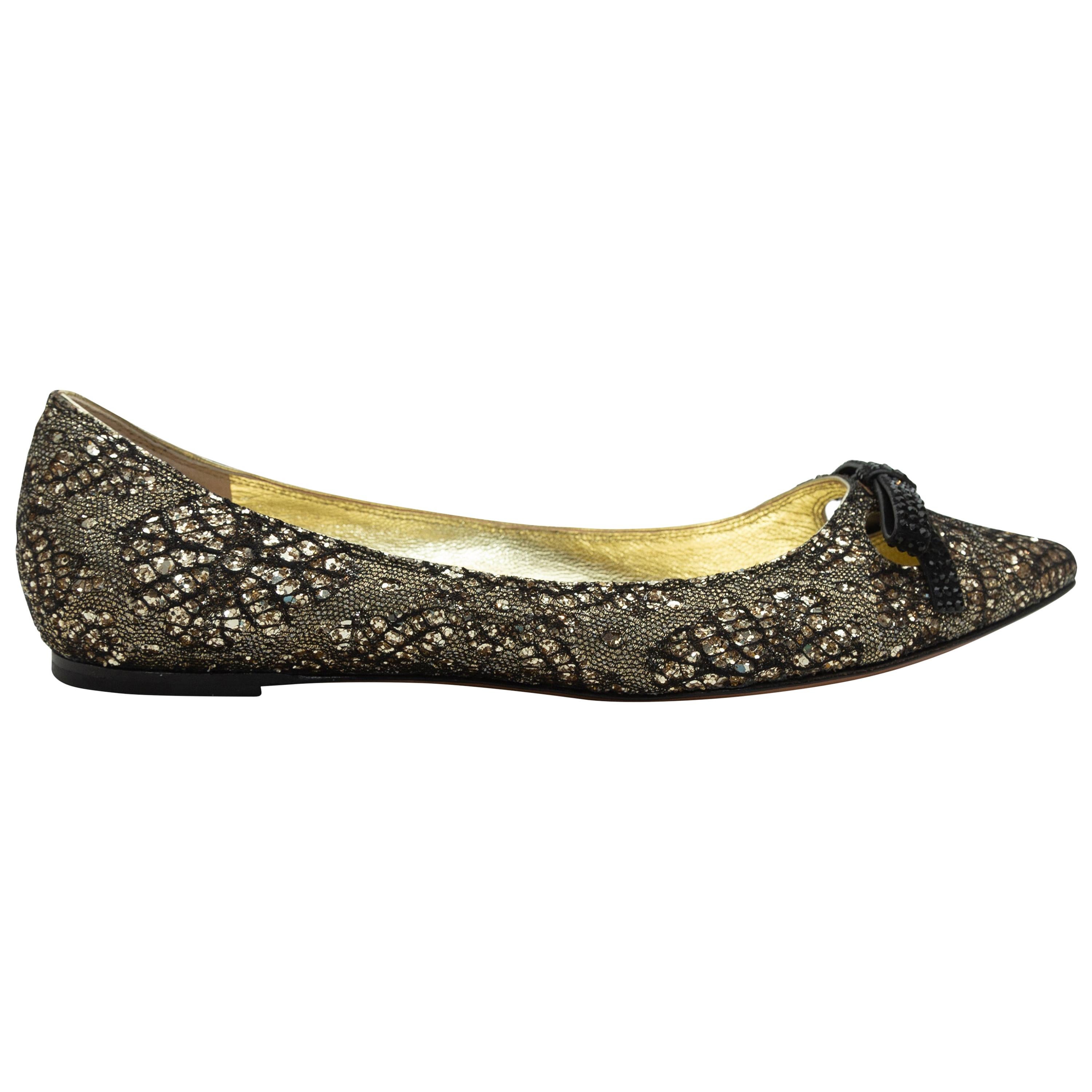 Marc Jacobs Gold & Black Lace Bow-Accented Flats