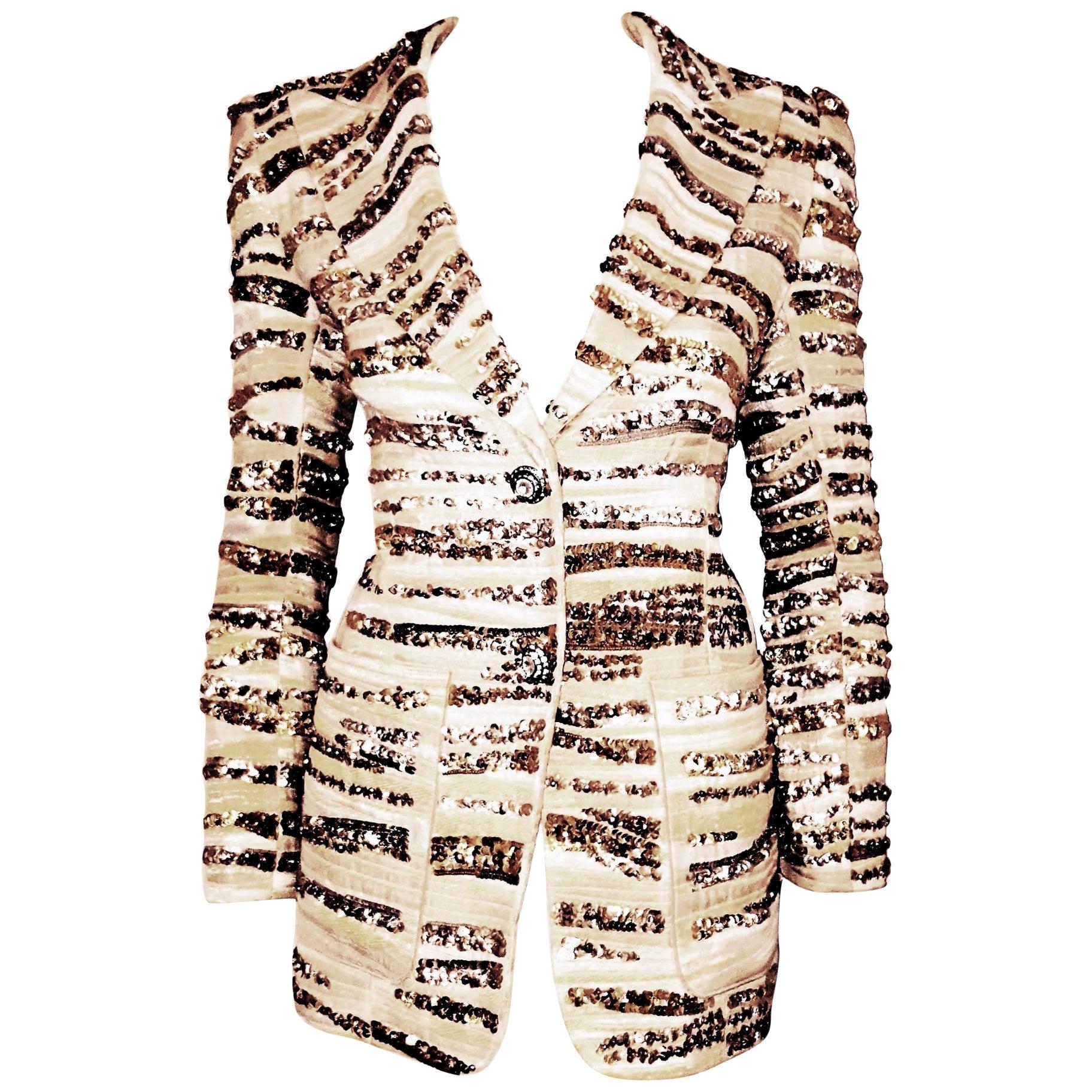 Marc Jacobs Gold & Silver Tone Sequined Brocade Notch Collar Jacket Size 10 US For Sale