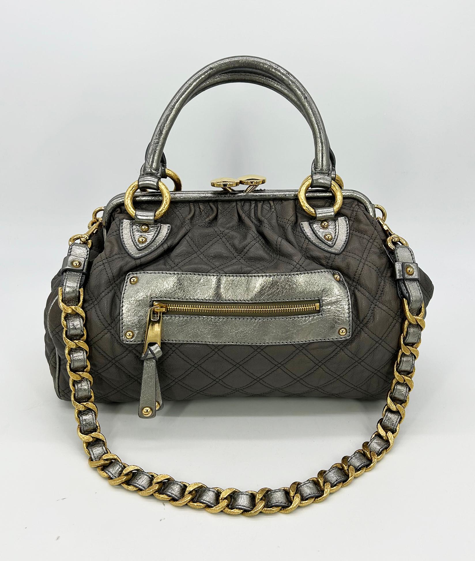 Marc Jacobs Gray Quilted Leather Gold Stam Bag For Sale 11