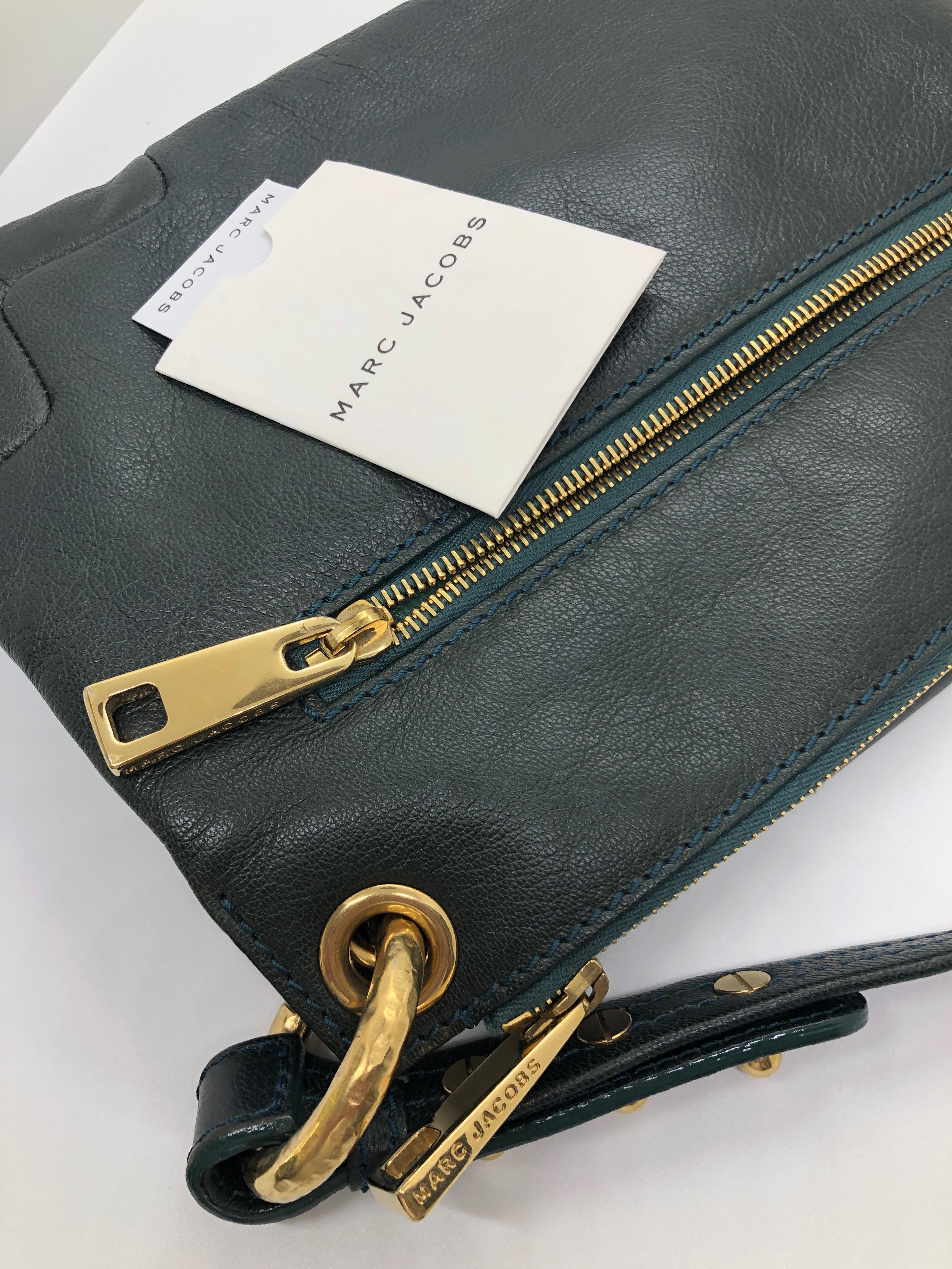 Marc Jacobs Green Leather Double Saddlebag w/ Top Handle & Metal / Jewel Accents 14