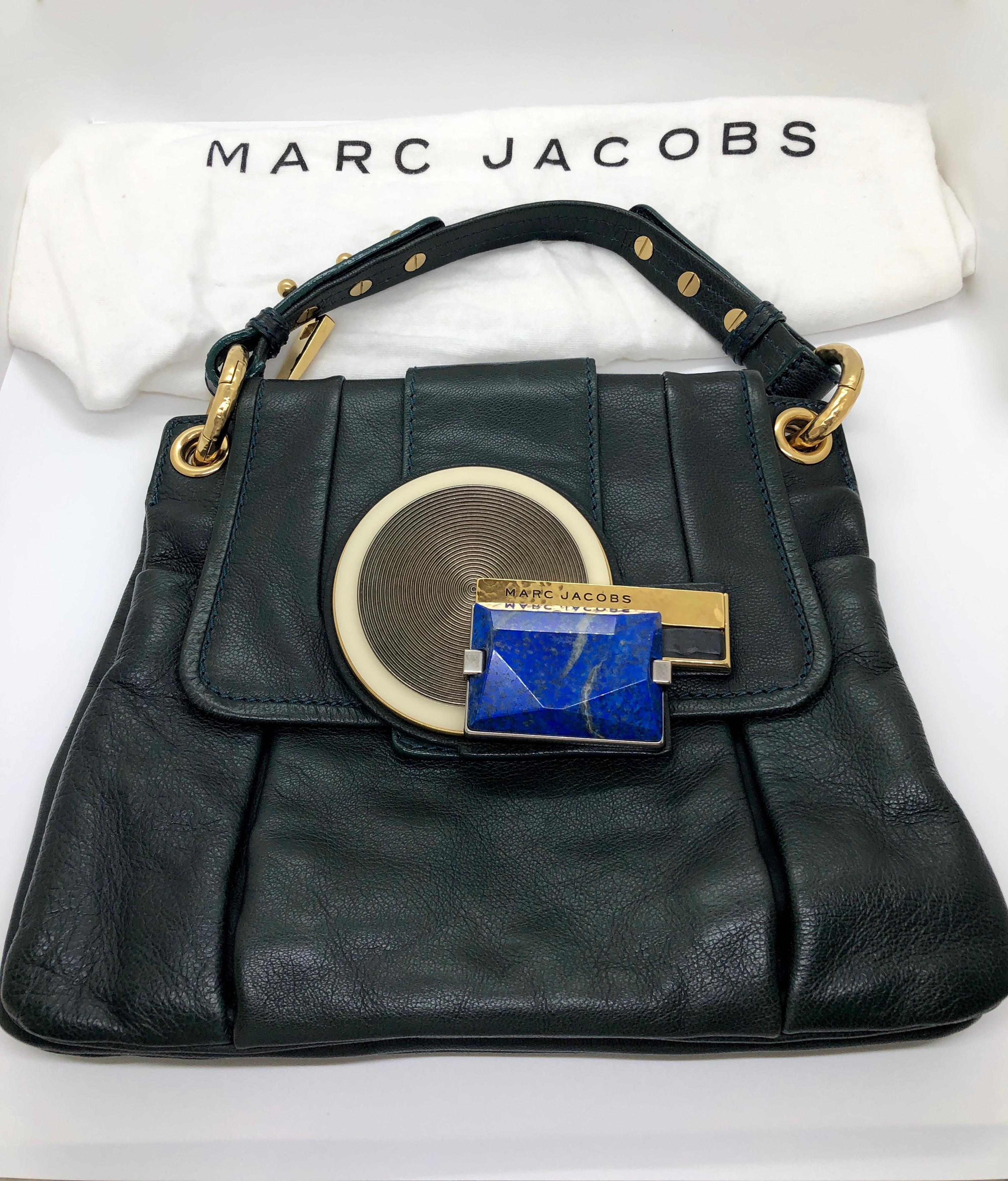Marc Jacobs Green Leather Double Saddlebag w/ Top Handle & Metal / Jewel Accents 15