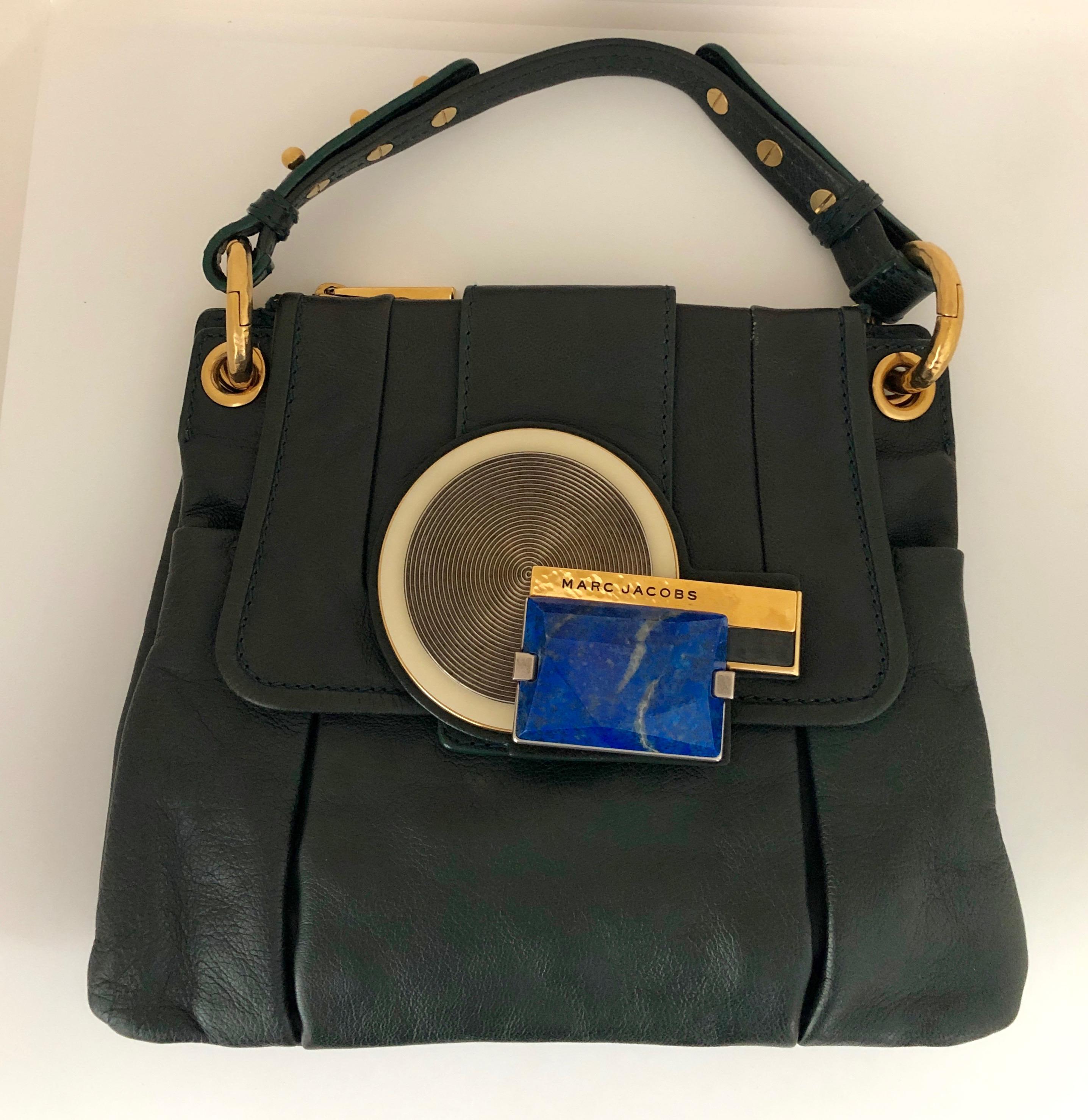Black Marc Jacobs Green Leather Double Saddlebag w/ Top Handle & Metal / Jewel Accents