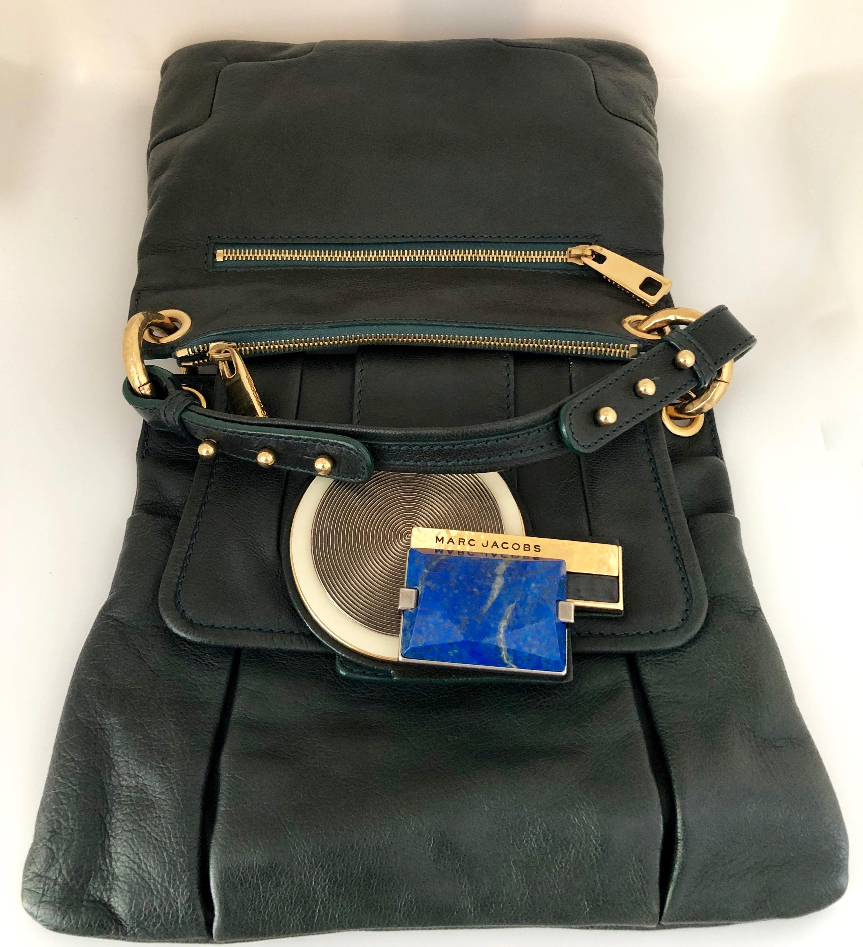 Marc Jacobs Green Leather Double Saddlebag w/ Top Handle & Metal / Jewel Accents In Excellent Condition In Houston, TX