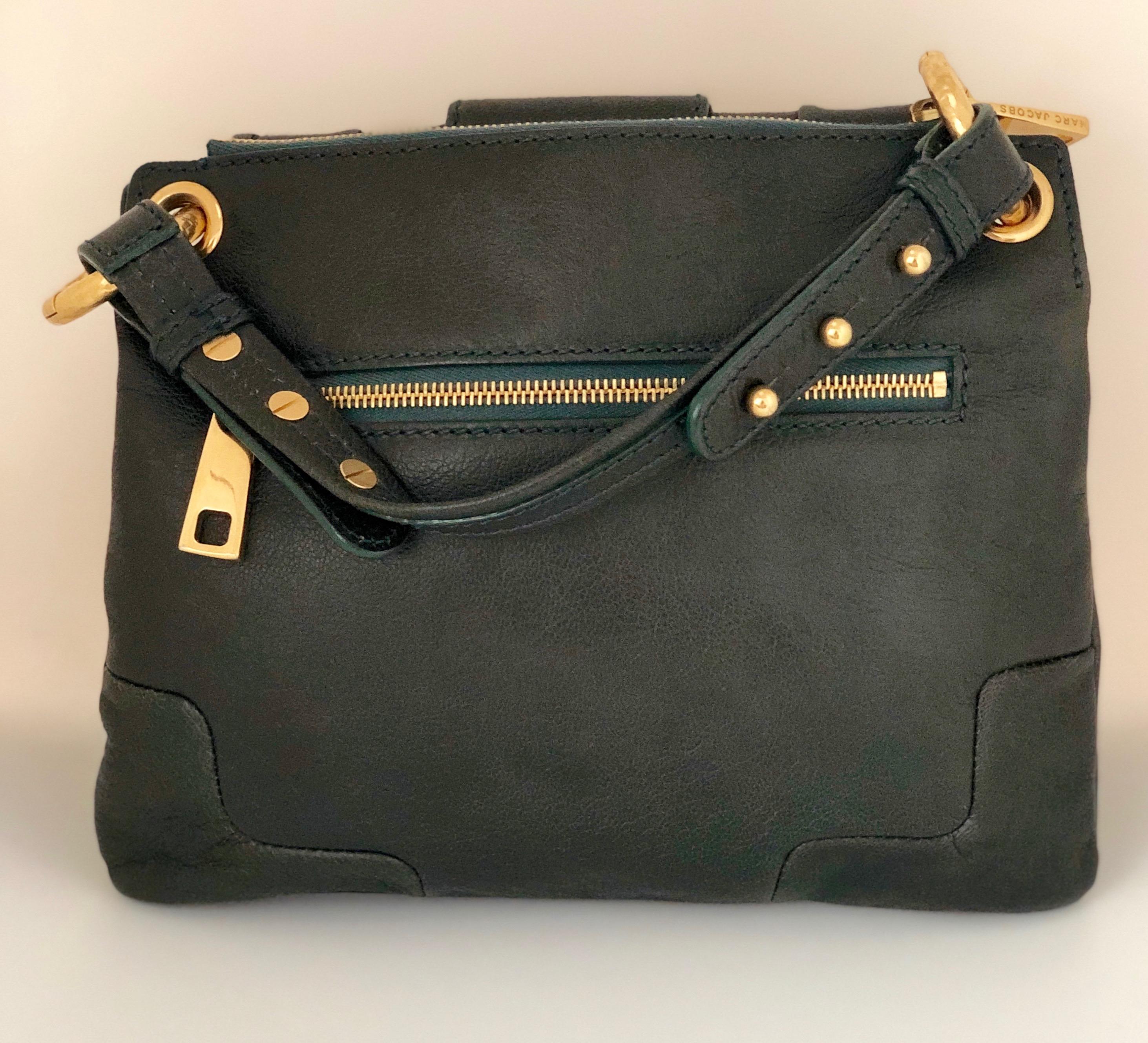 Women's Marc Jacobs Green Leather Double Saddlebag w/ Top Handle & Metal / Jewel Accents