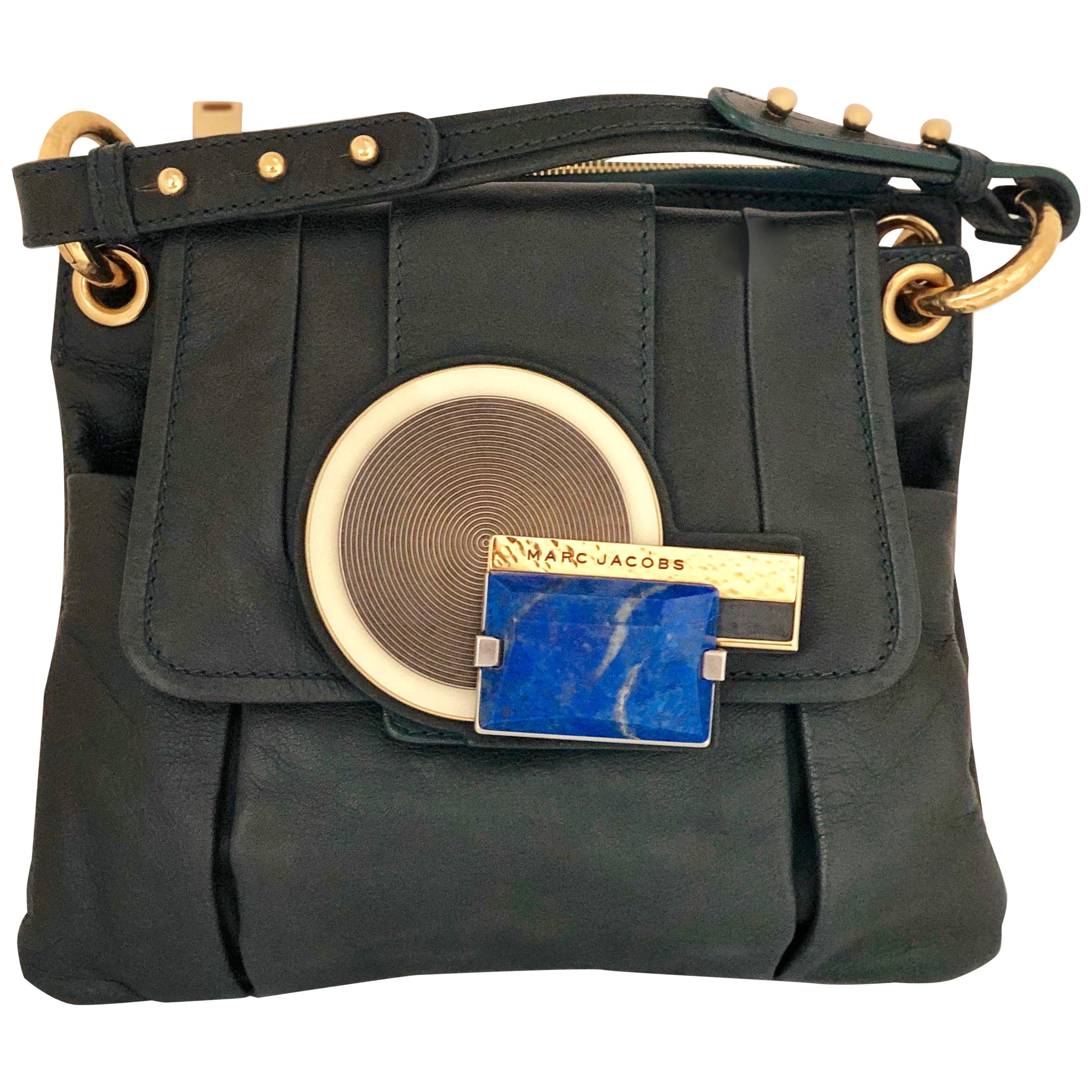 Marc Jacobs Green Leather Double Saddlebag w/ Top Handle & Metal / Jewel Accents