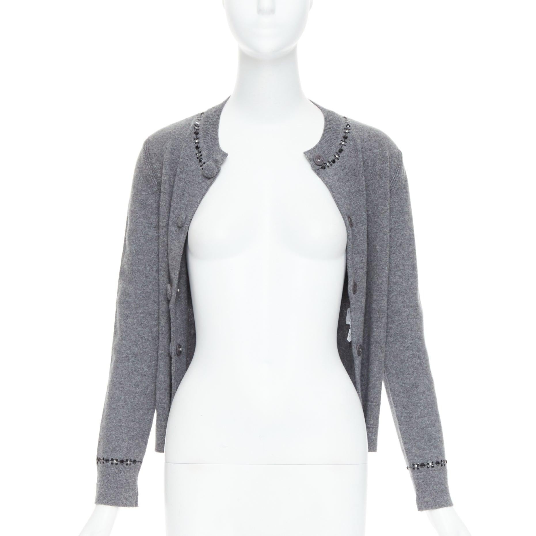 Gray MARC JACOBS grey wool cashmere embellished trim cardigan sweater XS For Sale