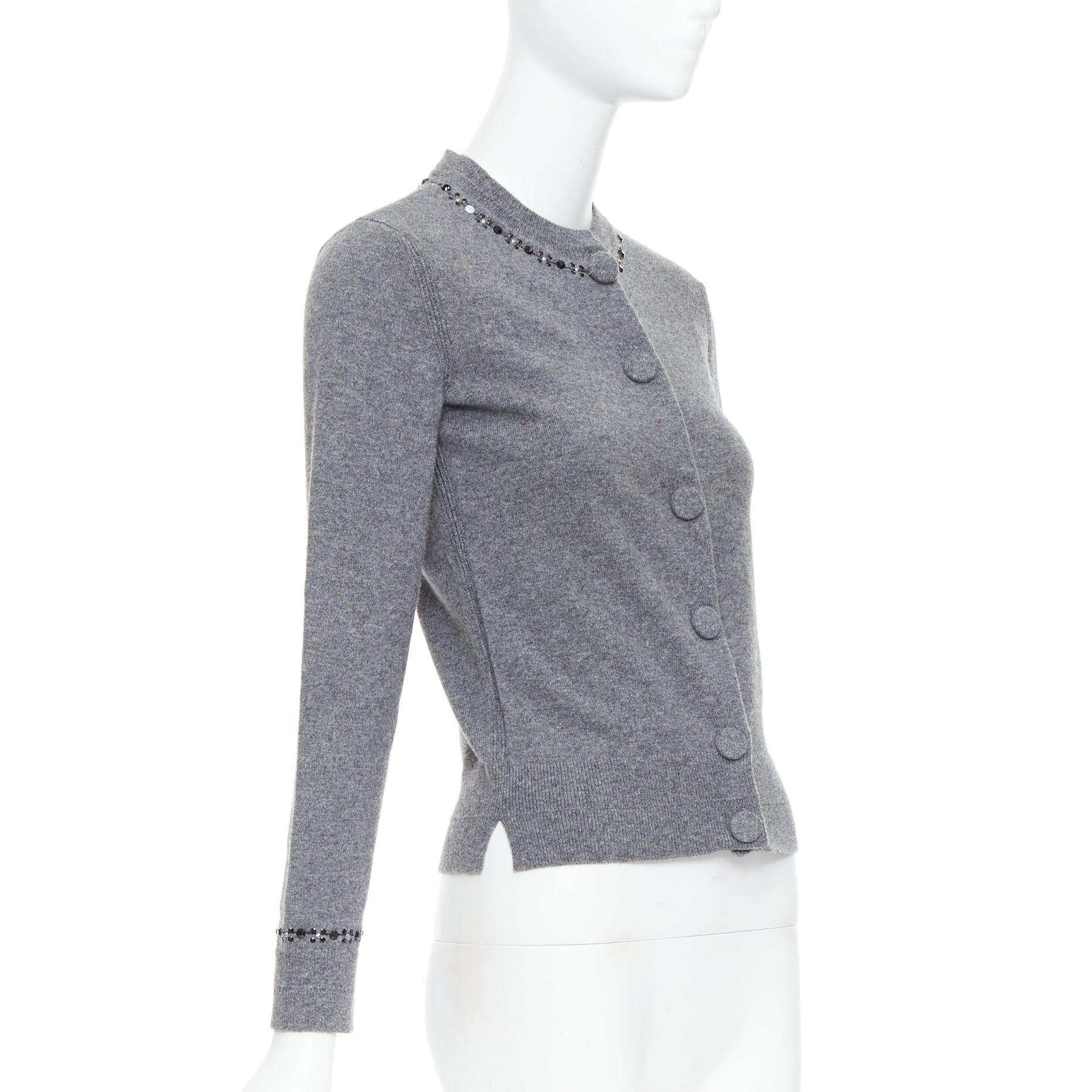 MARC JACOBS grey wool cashmere embellished trim cardigan sweater XS In Good Condition For Sale In Hong Kong, NT