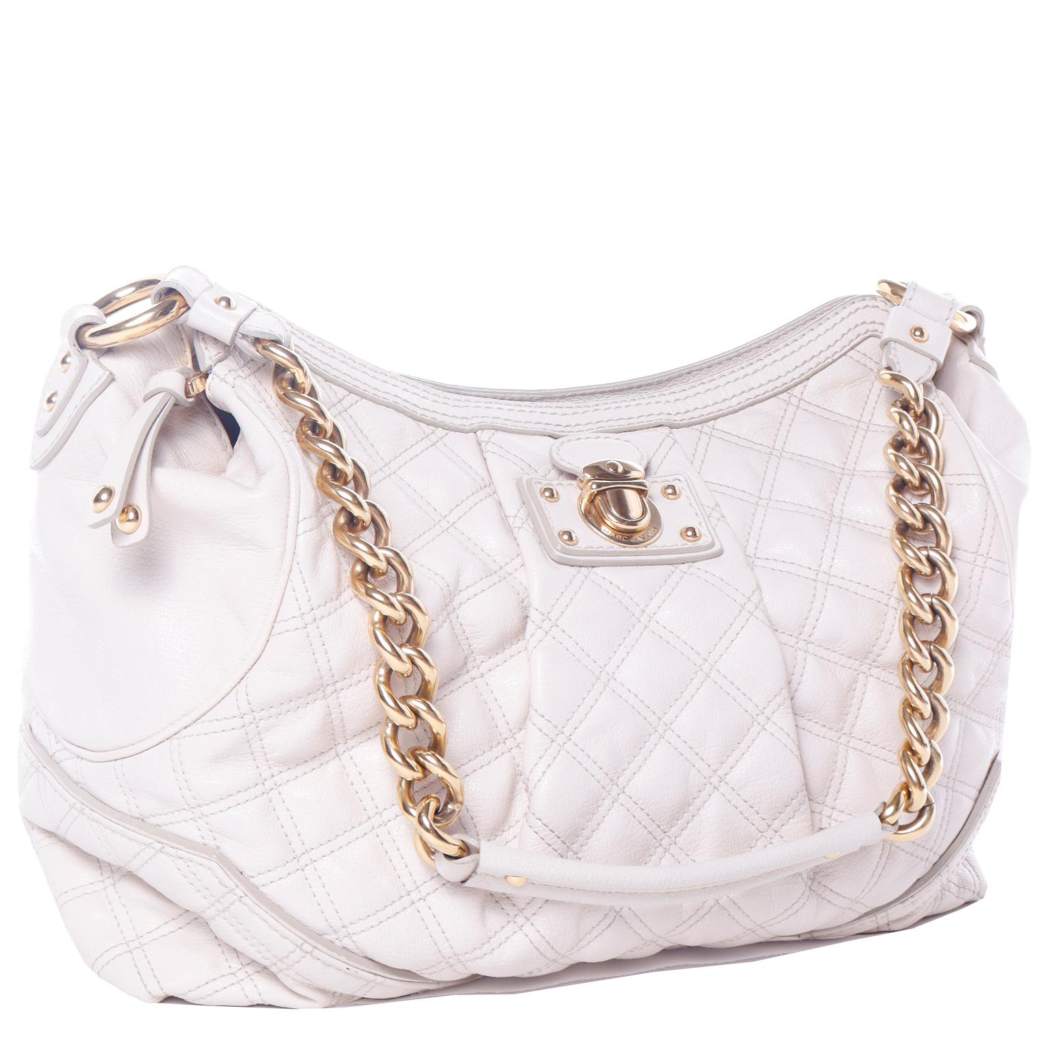 Women's Marc Jacobs Handbag Bone Quilted Leather Zip Top Hobo Bag With Gold Chain Strap For Sale