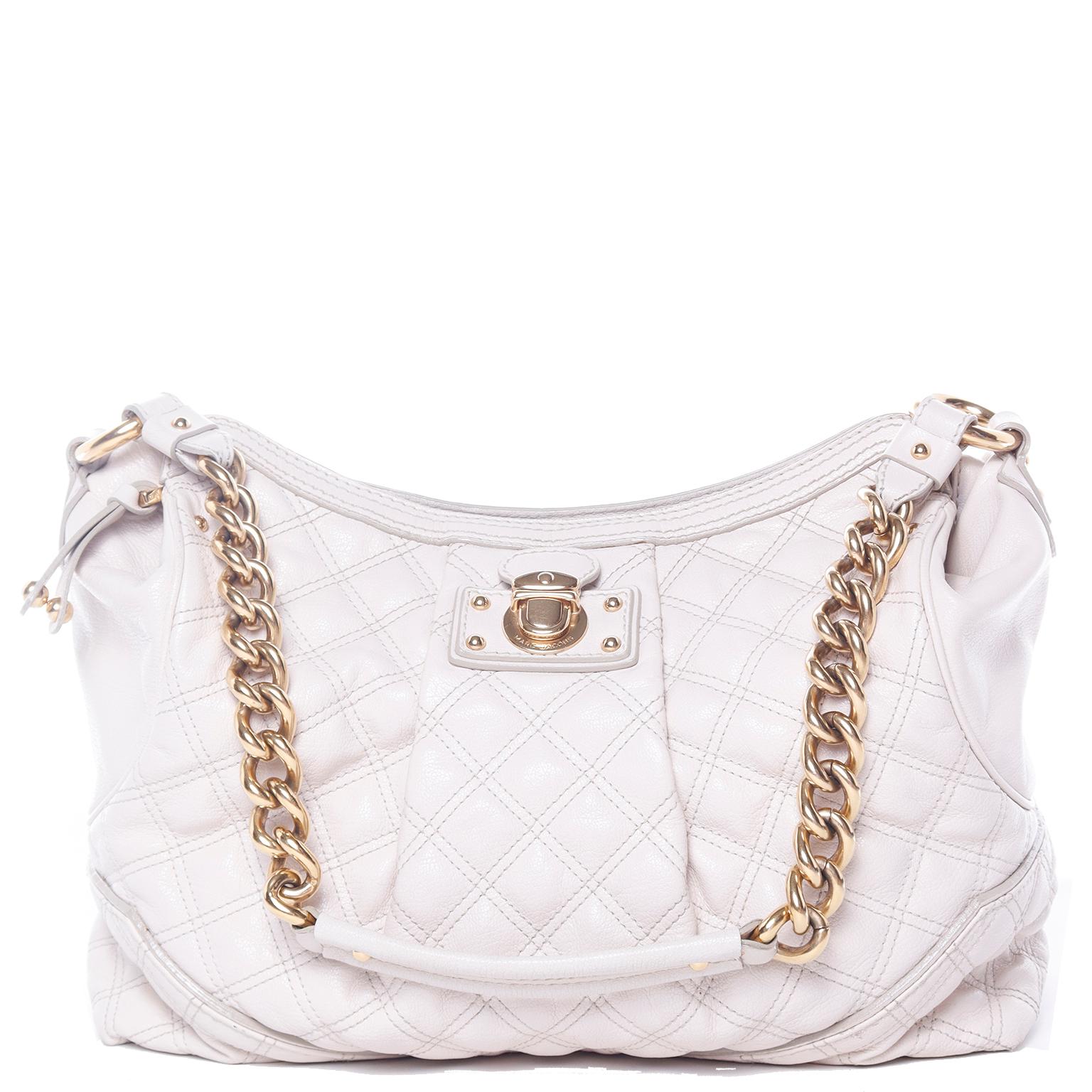 Marc Jacobs Handbag Bone Quilted Leather Zip Top Hobo Bag With Gold Chain Strap For Sale