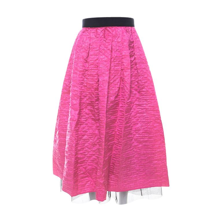 Marc Jacobs Hot Pink Crinkled Silk Tulle Layered Maxi Skirt M