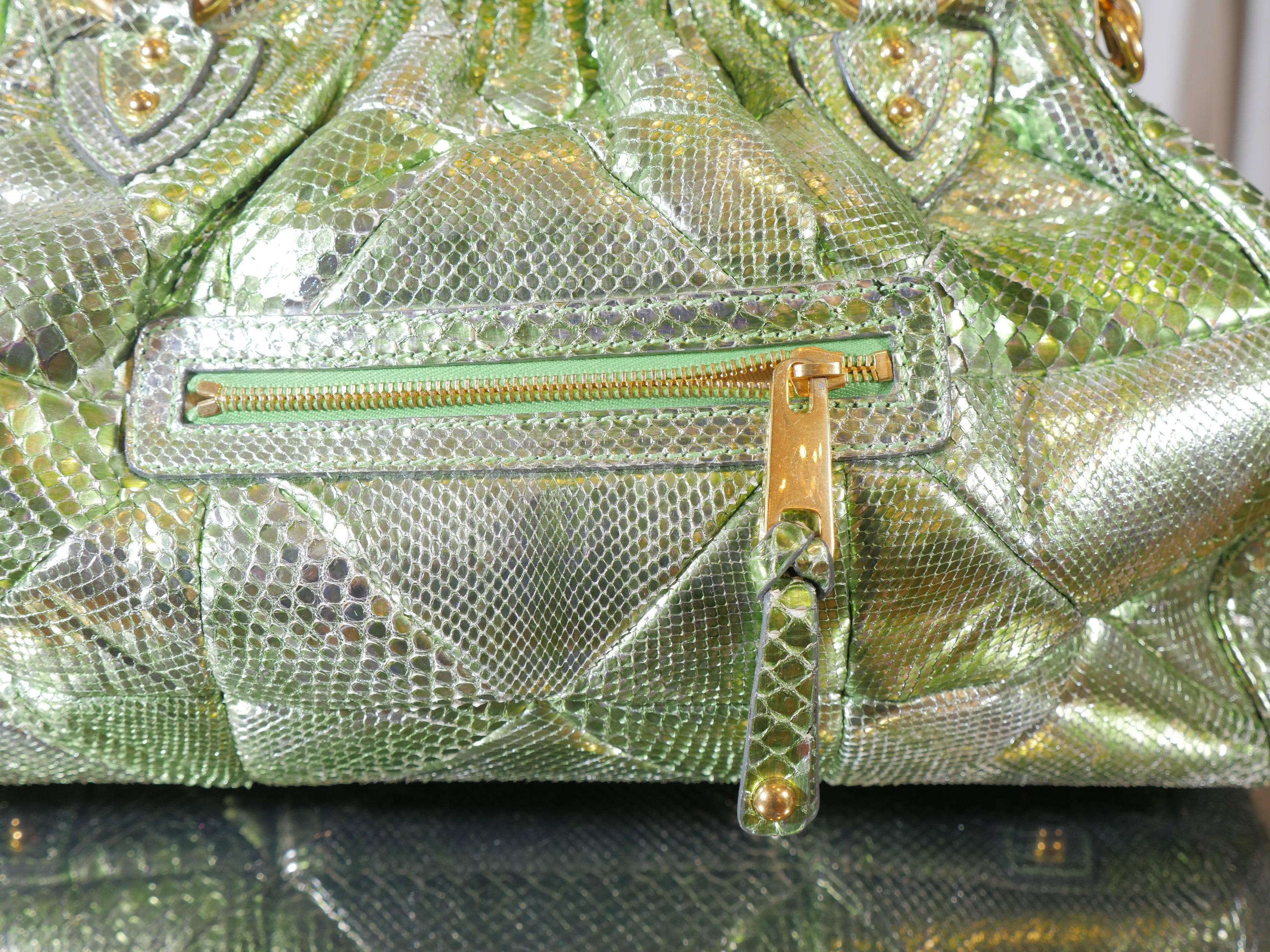 Green Metallic snakeskin gold chain strap and hardware Frame top opening with double handles