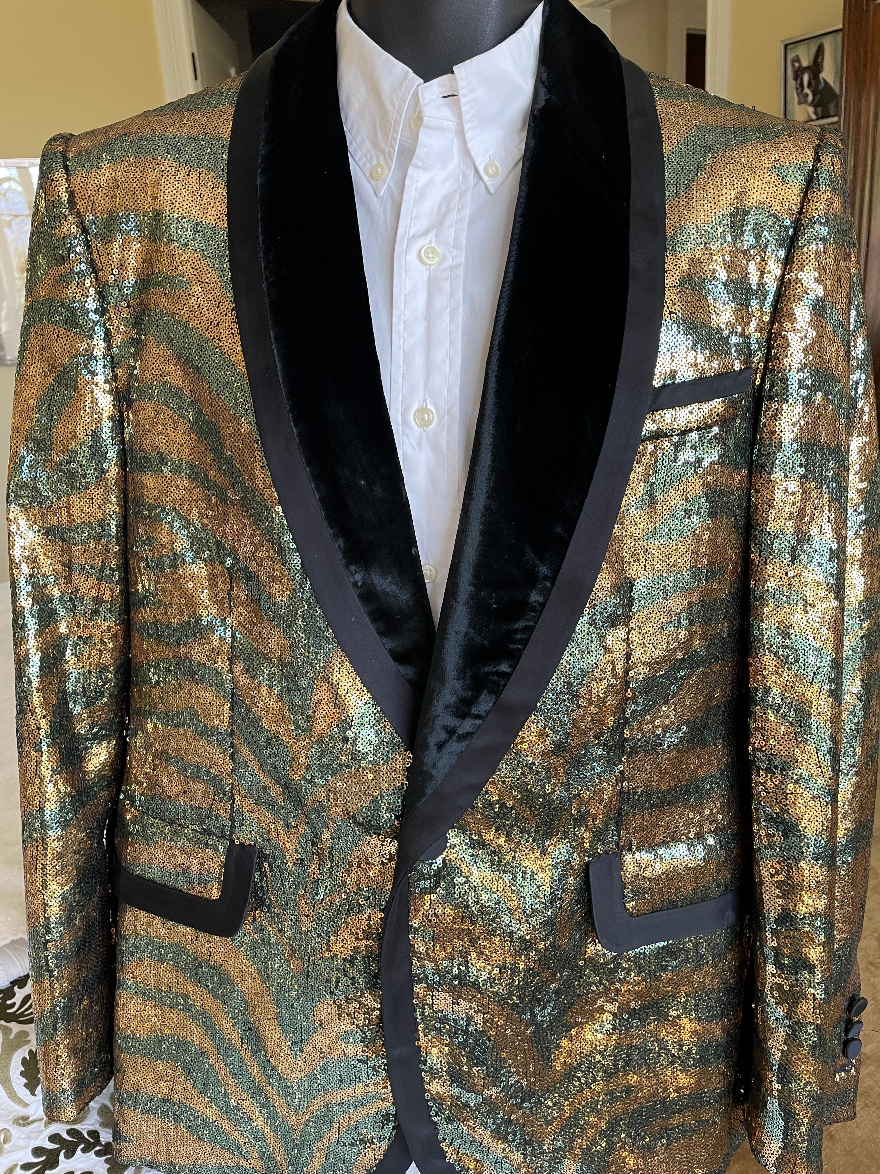 Black Marc Jacobs Men's Tiger Sequin Evening Jacket with Velvet Shawl Collar For Sale