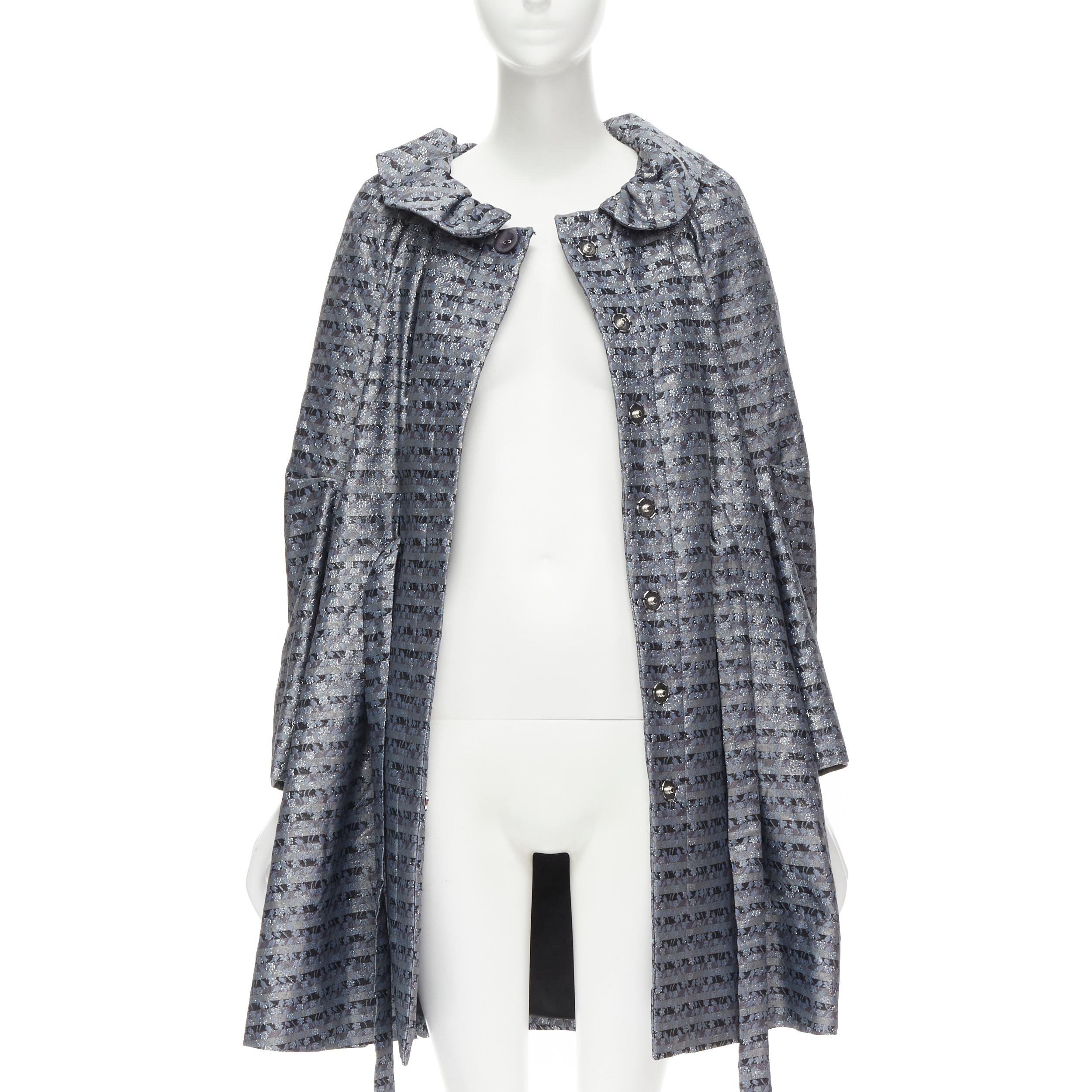 Gray MARC JACOBS metallic blue floral jacquard belted front flared opera coat XS For Sale