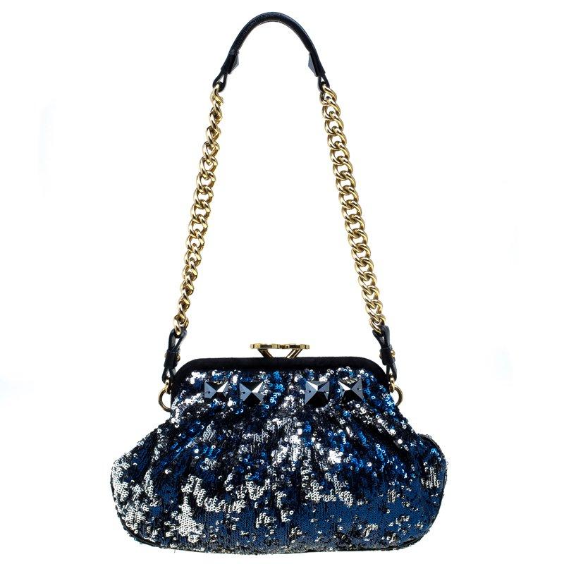 Marc Jacobs Metallic Blue Sequin Little Stam Bag In Excellent Condition In Dubai, Al Qouz 2