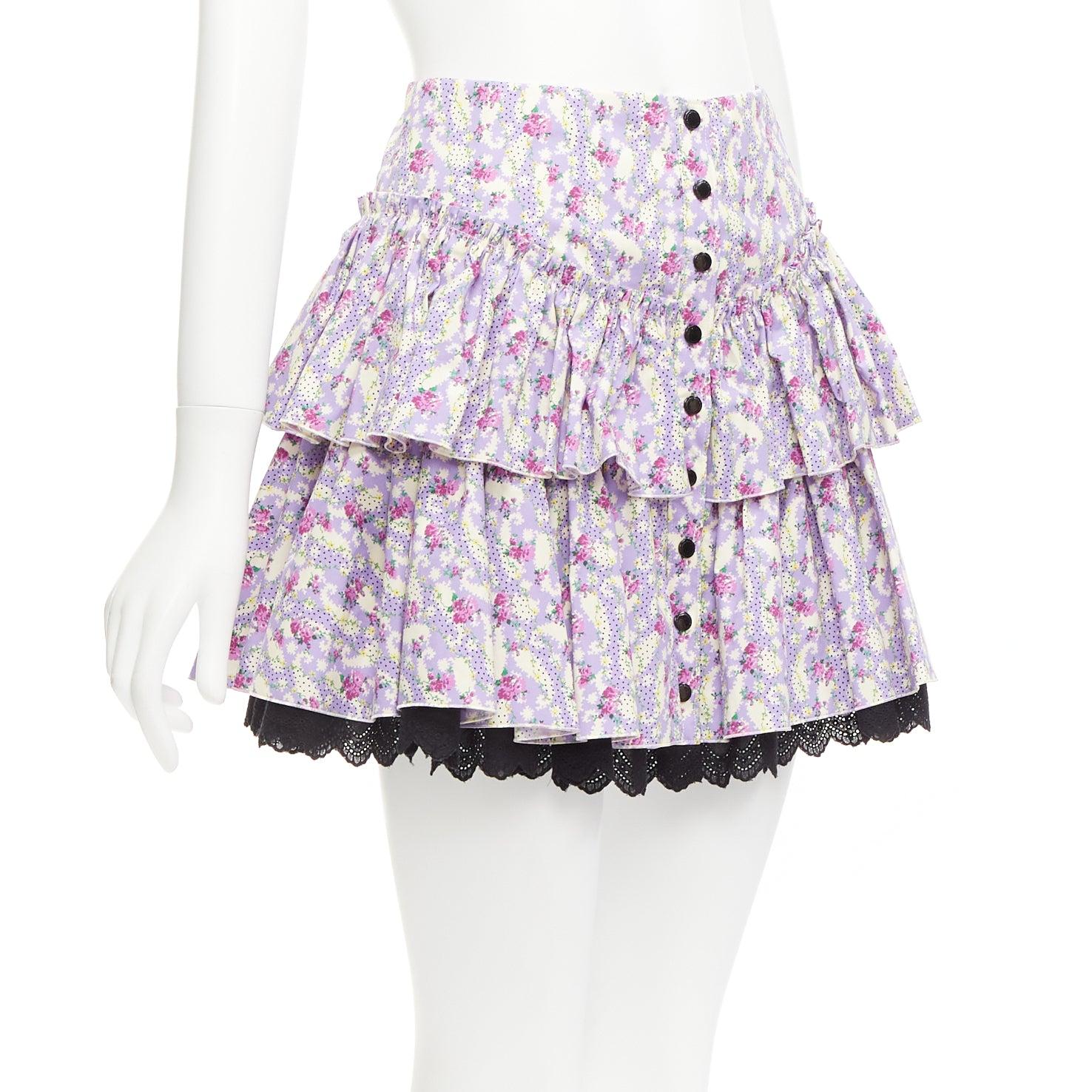 MARC JACOBS Mini Prairie Skirt purple floral print black lace trim tiered US0 XS In Excellent Condition For Sale In Hong Kong, NT