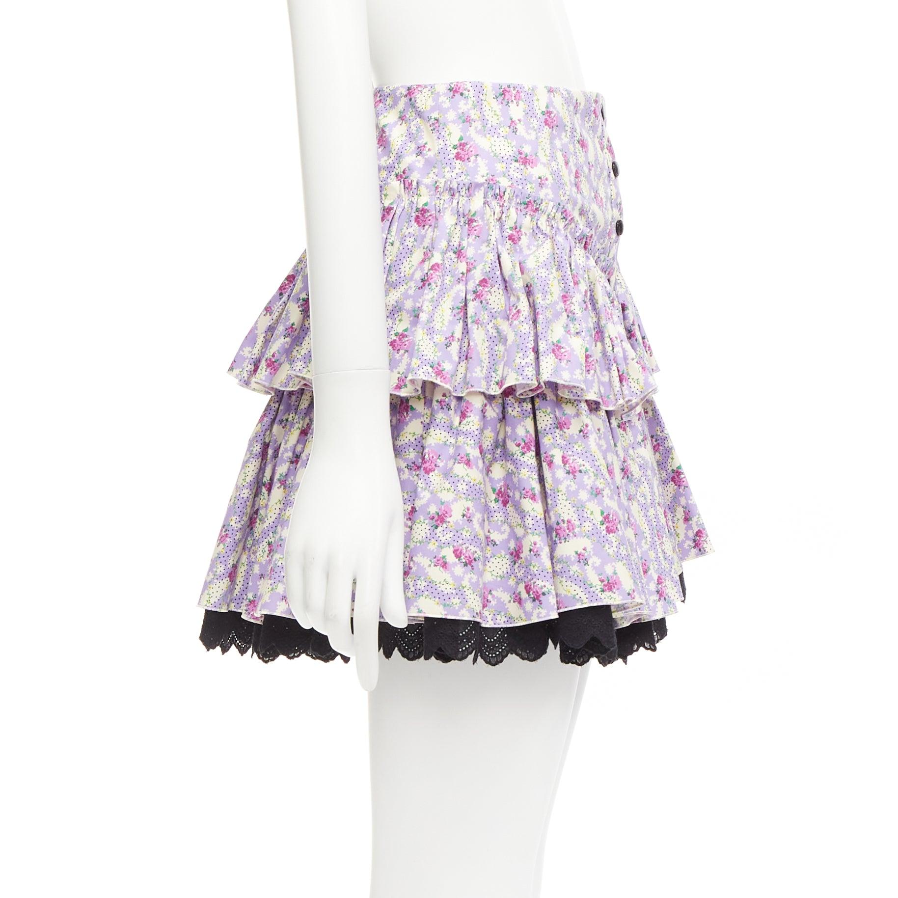 MARC JACOBS Mini Prairie Skirt purple floral print black lace trim tiered US0 XS In Excellent Condition For Sale In Hong Kong, NT