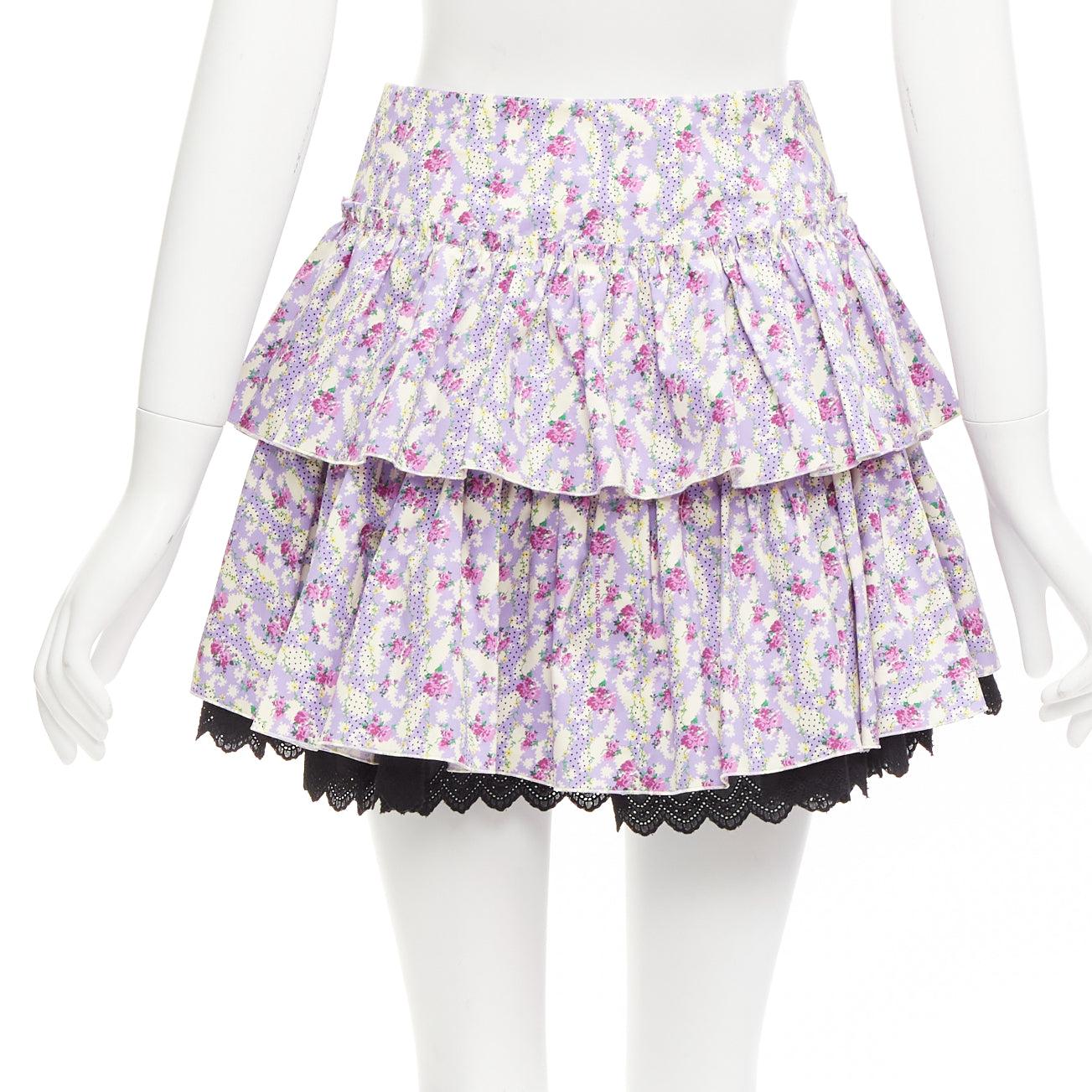 MARC JACOBS Mini Prairie Skirt purple floral print black lace trim tiered US0 XS For Sale 1