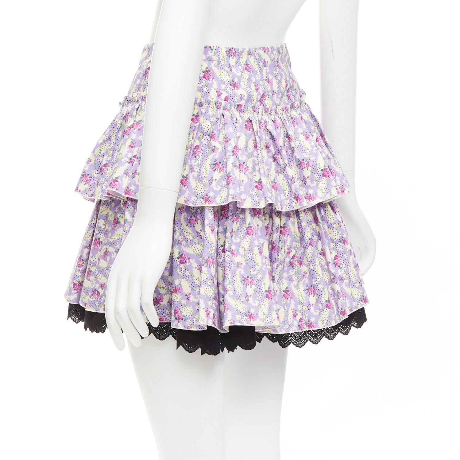 MARC JACOBS Mini Prairie Skirt purple floral print black lace trim tiered US0 XS For Sale 1