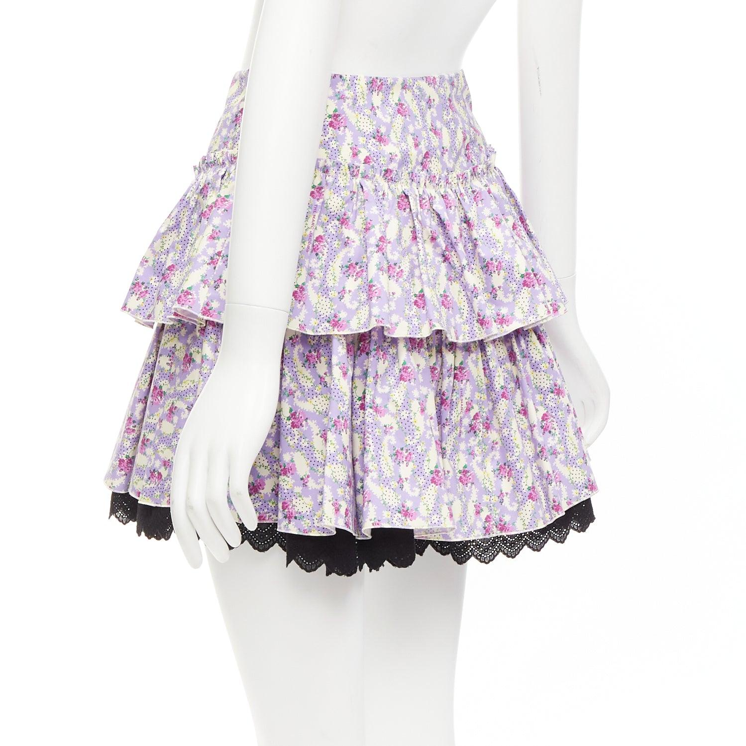 MARC JACOBS Mini Prairie Skirt purple floral print black lace trim tiered US0 XS For Sale 2