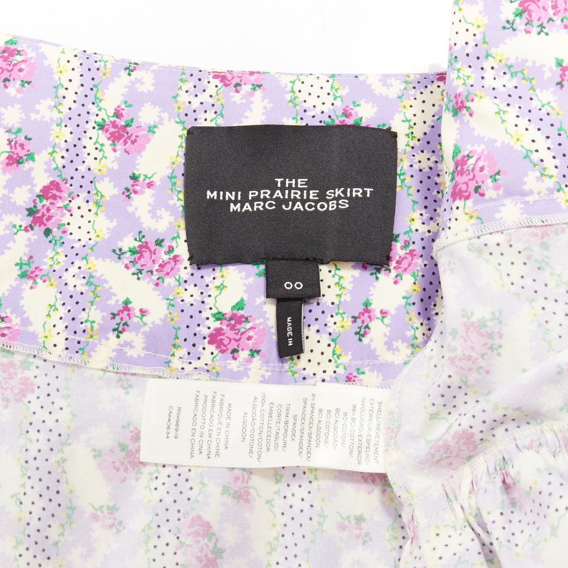 MARC JACOBS Mini Prairie Skirt purple floral print black lace trim tiered US0 XS For Sale 3