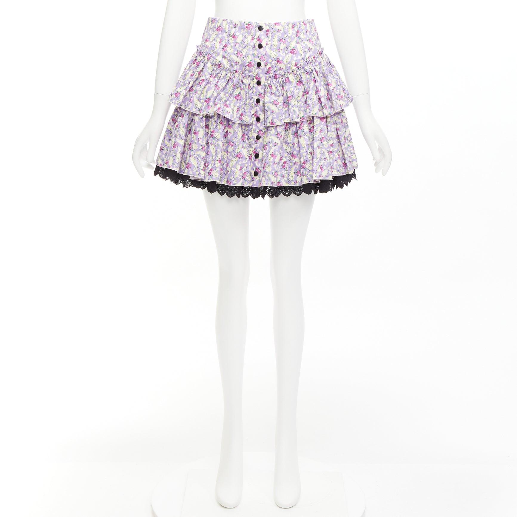 MARC JACOBS Mini Prairie Skirt purple floral print black lace trim tiered US0 XS For Sale 5