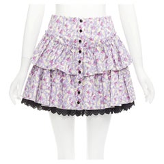 MARC JACOBS Mini Prairie Skirt purple floral print black lace trim tiered US0 XS