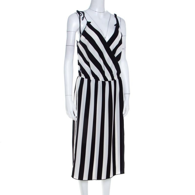 Gray Marc Jacobs Monochrome Striped Crepe Faux Wrap Midi Dress M