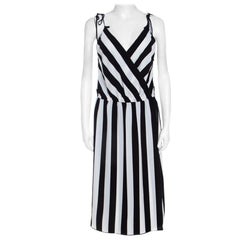 Marc Jacobs Monochrome Striped Crepe Faux Wrap Midi Dress M
