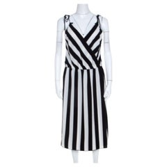 Marc Jacobs Monochrome Striped Crepe Faux Wrap Midi Dress M