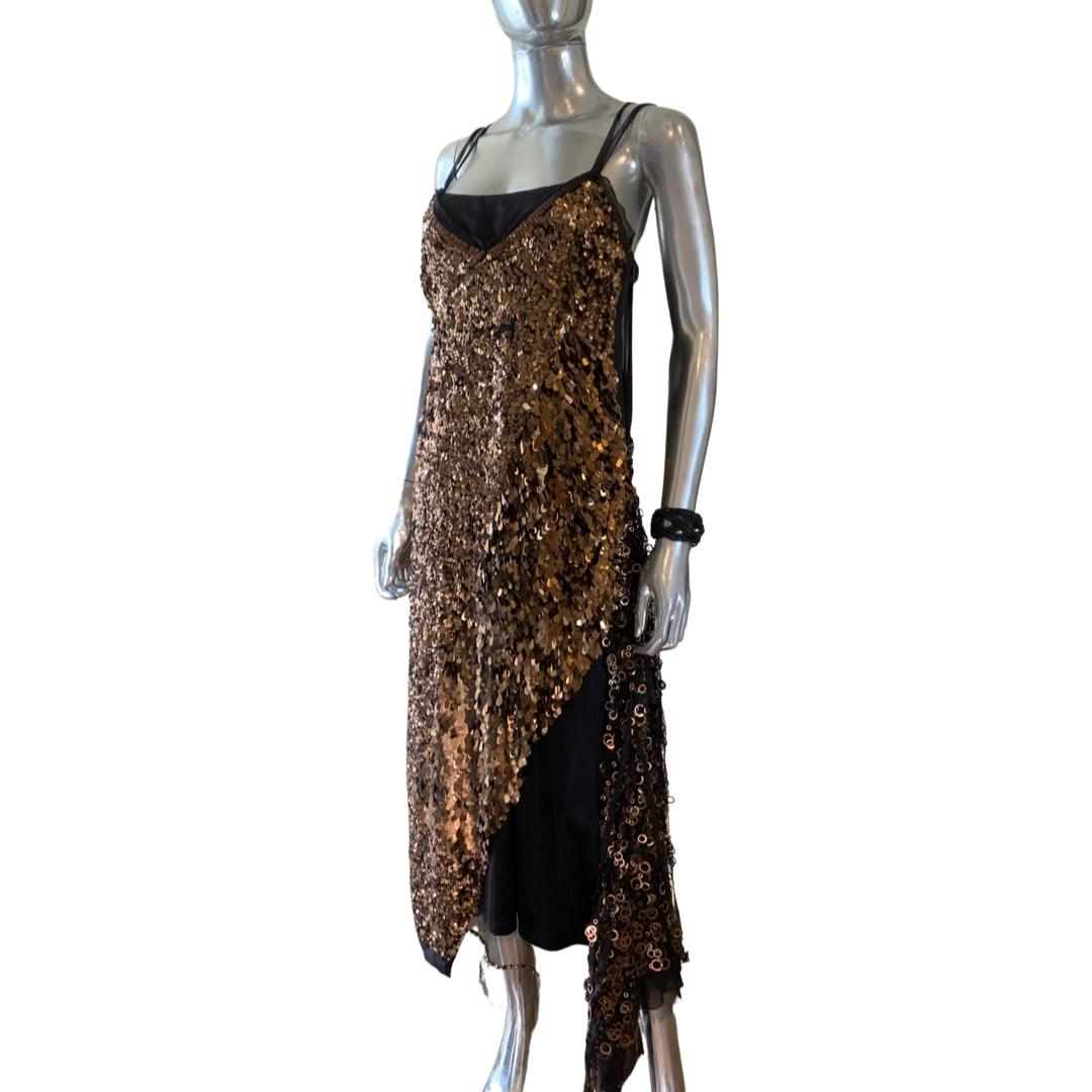 Marc Jacobs Mystical Bronze Sequin Beaded Chiffon Asymmetrical Hem Dress Size 4 For Sale 6