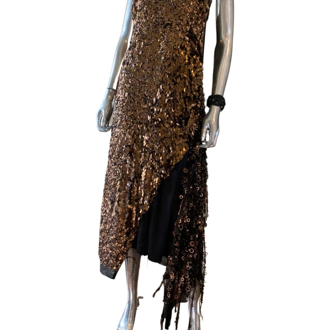 Marc Jacobs Mystical Bronze Sequin Beaded Chiffon Asymmetrical Hem Dress Size 4 In Good Condition For Sale In Palm Springs, CA