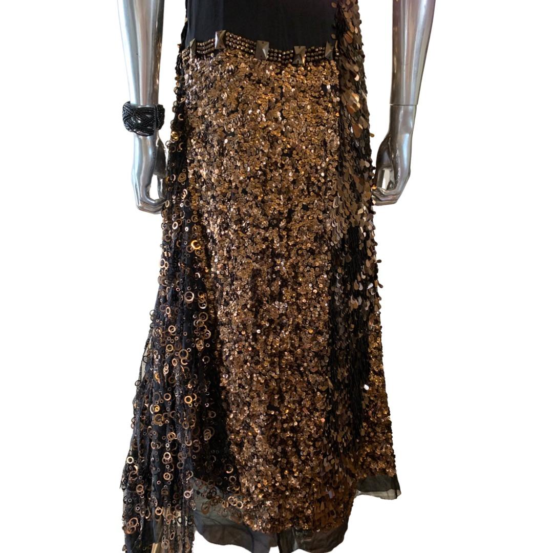 Women's Marc Jacobs Mystical Bronze Sequin Beaded Chiffon Asymmetrical Hem Dress Size 4 For Sale