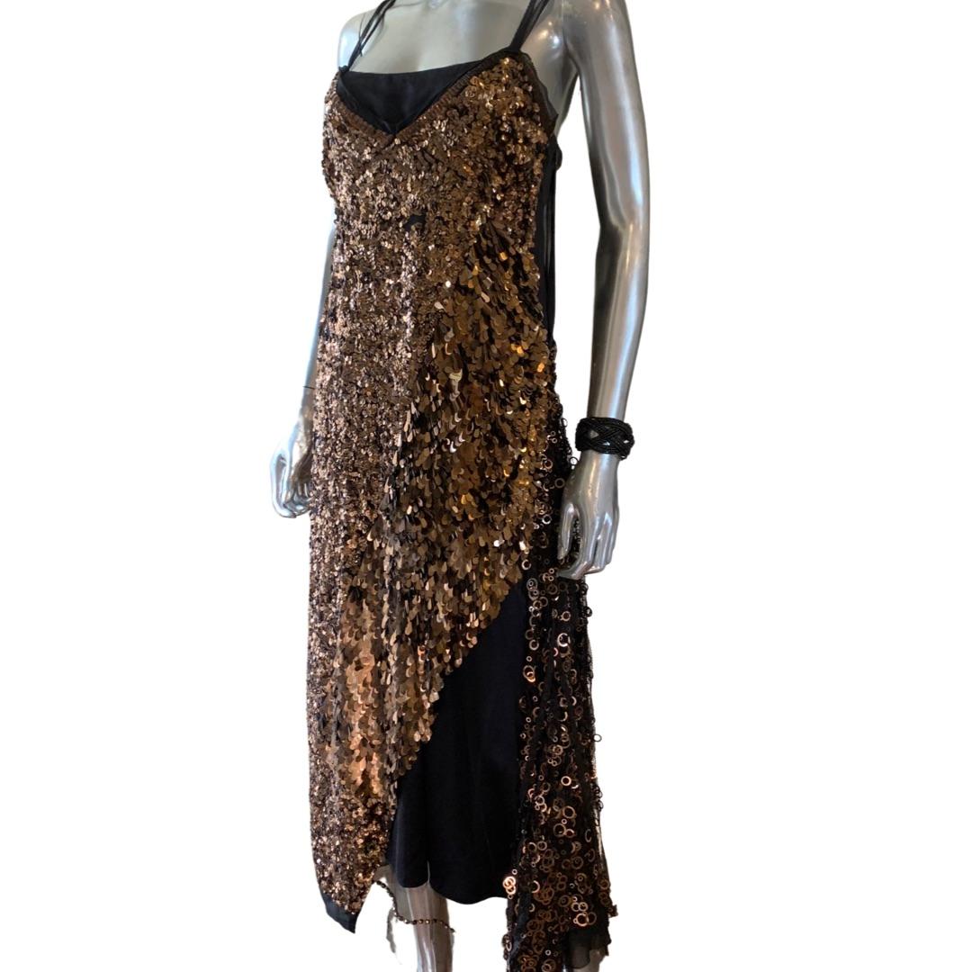 Marc Jacobs Mystical Bronze Sequin Beaded Chiffon Asymmetrical Hem Dress Size 4 For Sale 2