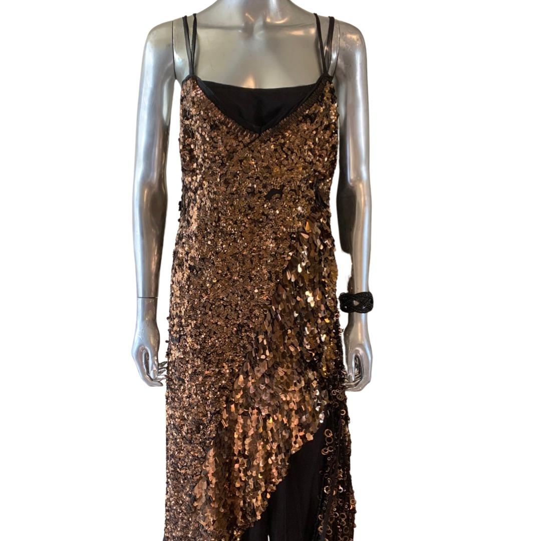 Marc Jacobs Mystical Bronze Sequin Beaded Chiffon Asymmetrical Hem Dress Size 4 For Sale 3